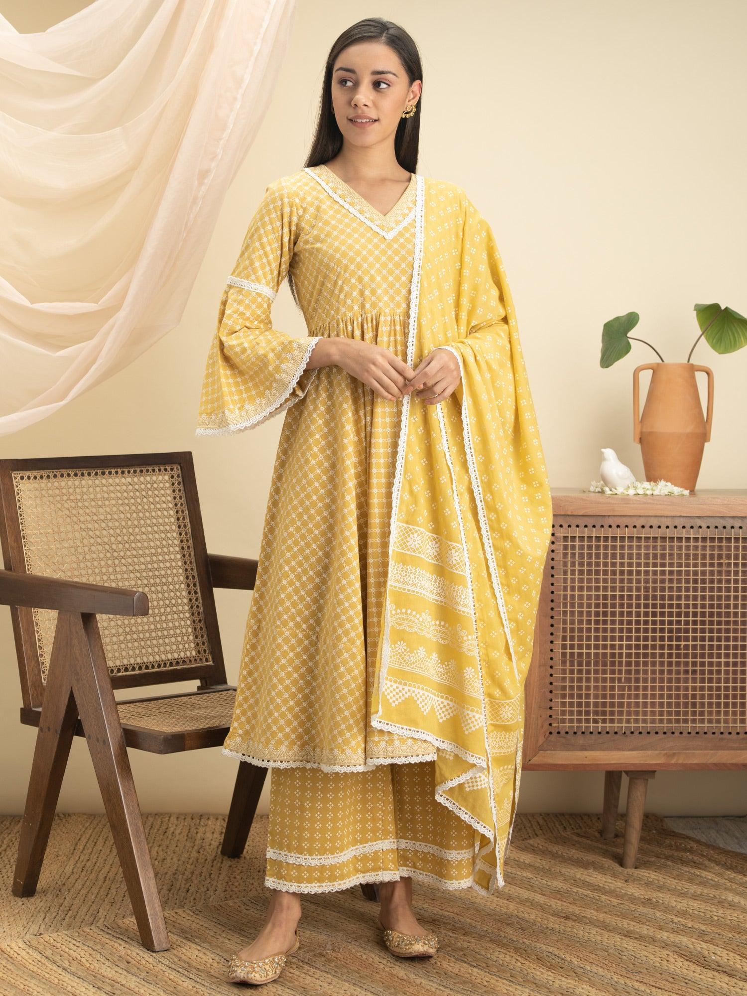 Yellow Printed Cotton Suit Set