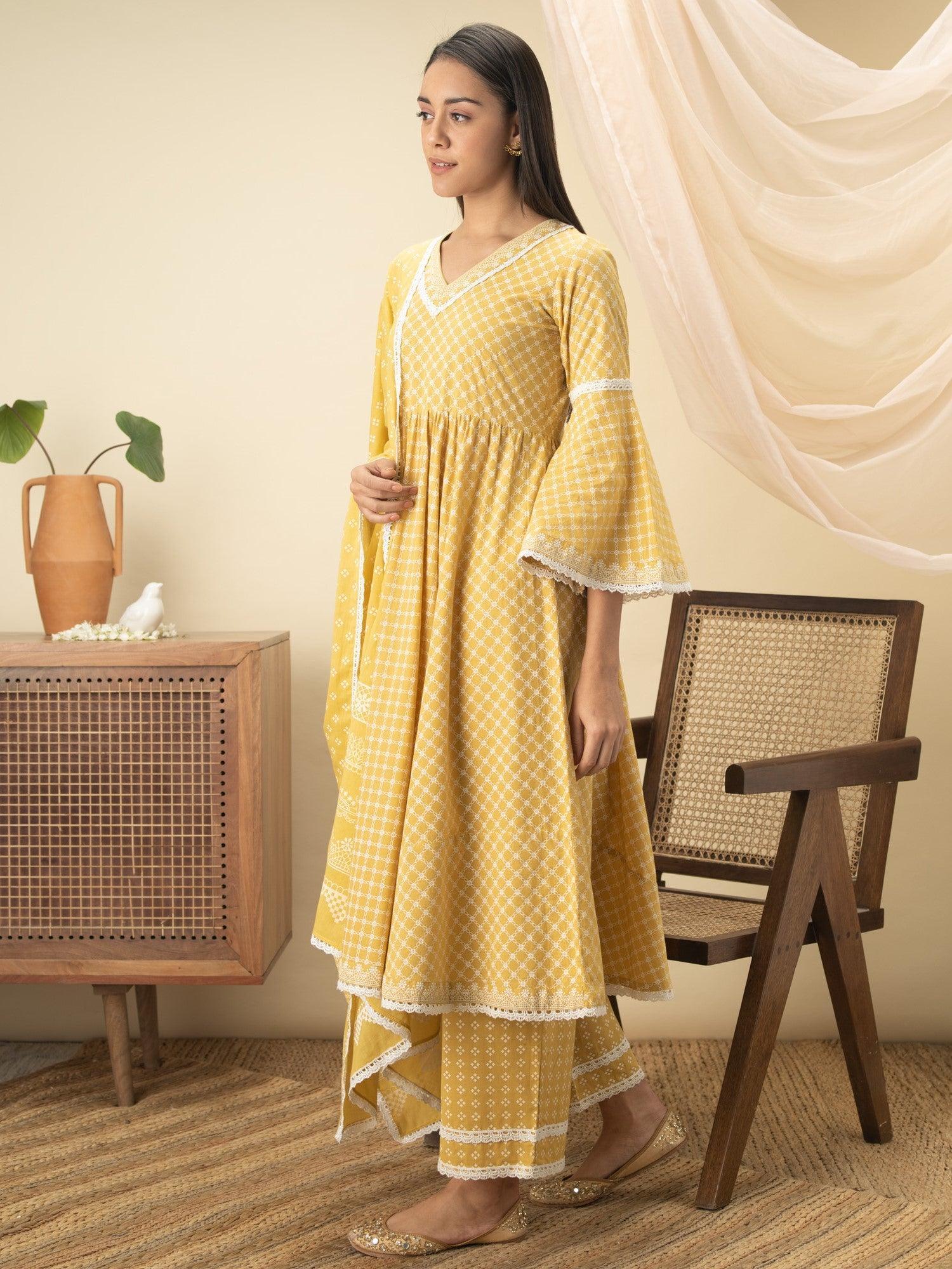 Yellow Printed Cotton Suit Set