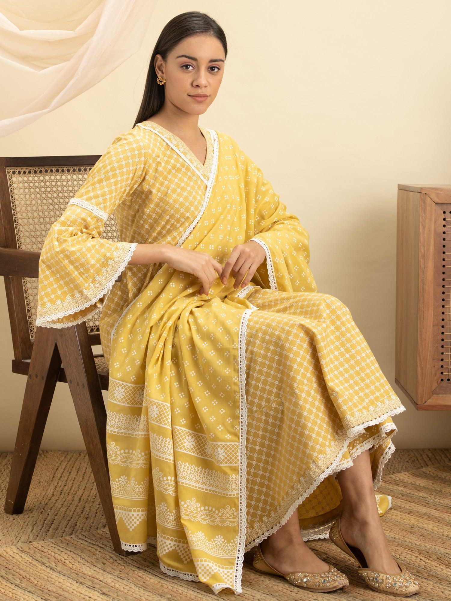 Yellow Printed Cotton Suit Set