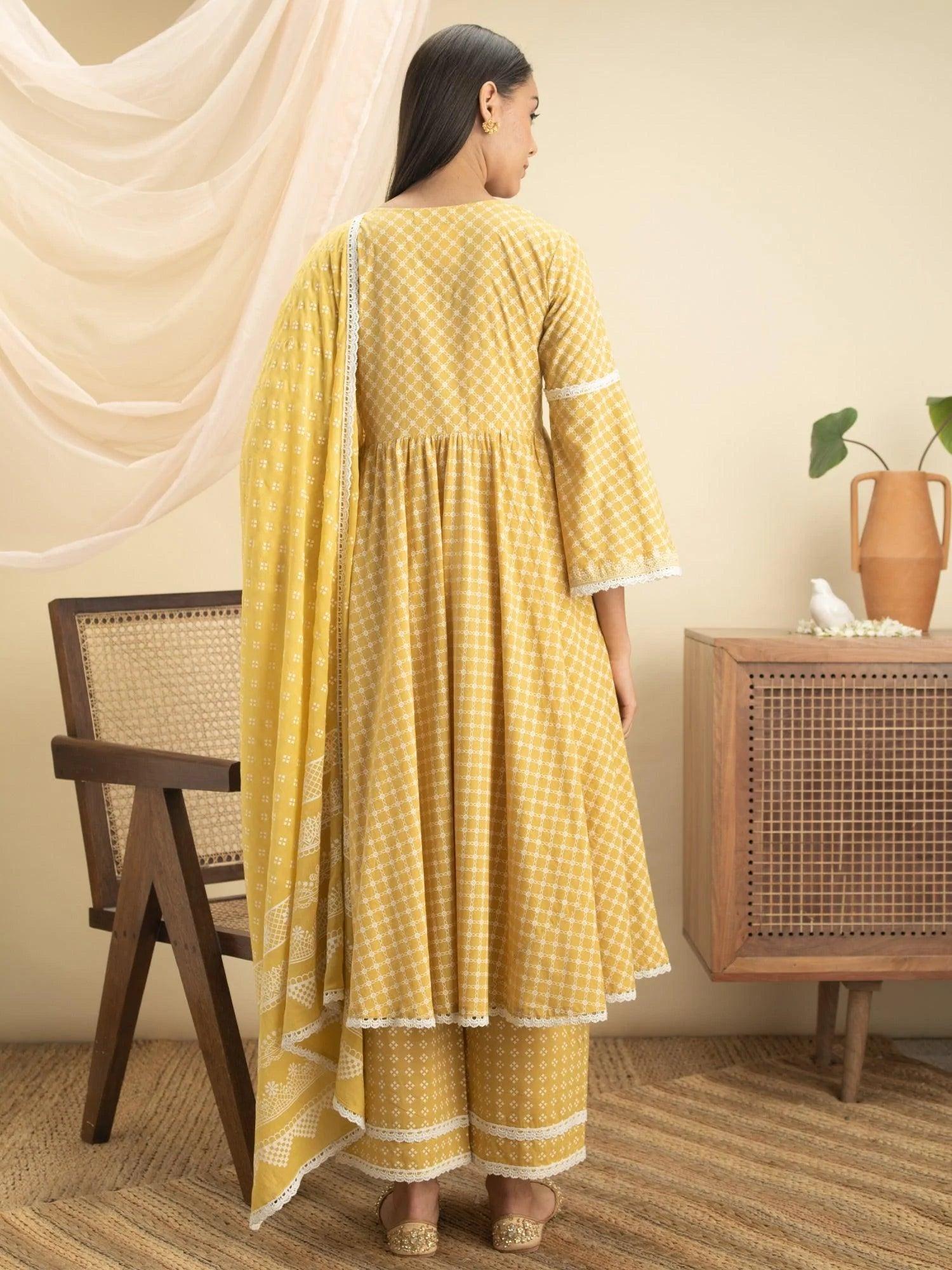 Yellow Printed Cotton Suit Set