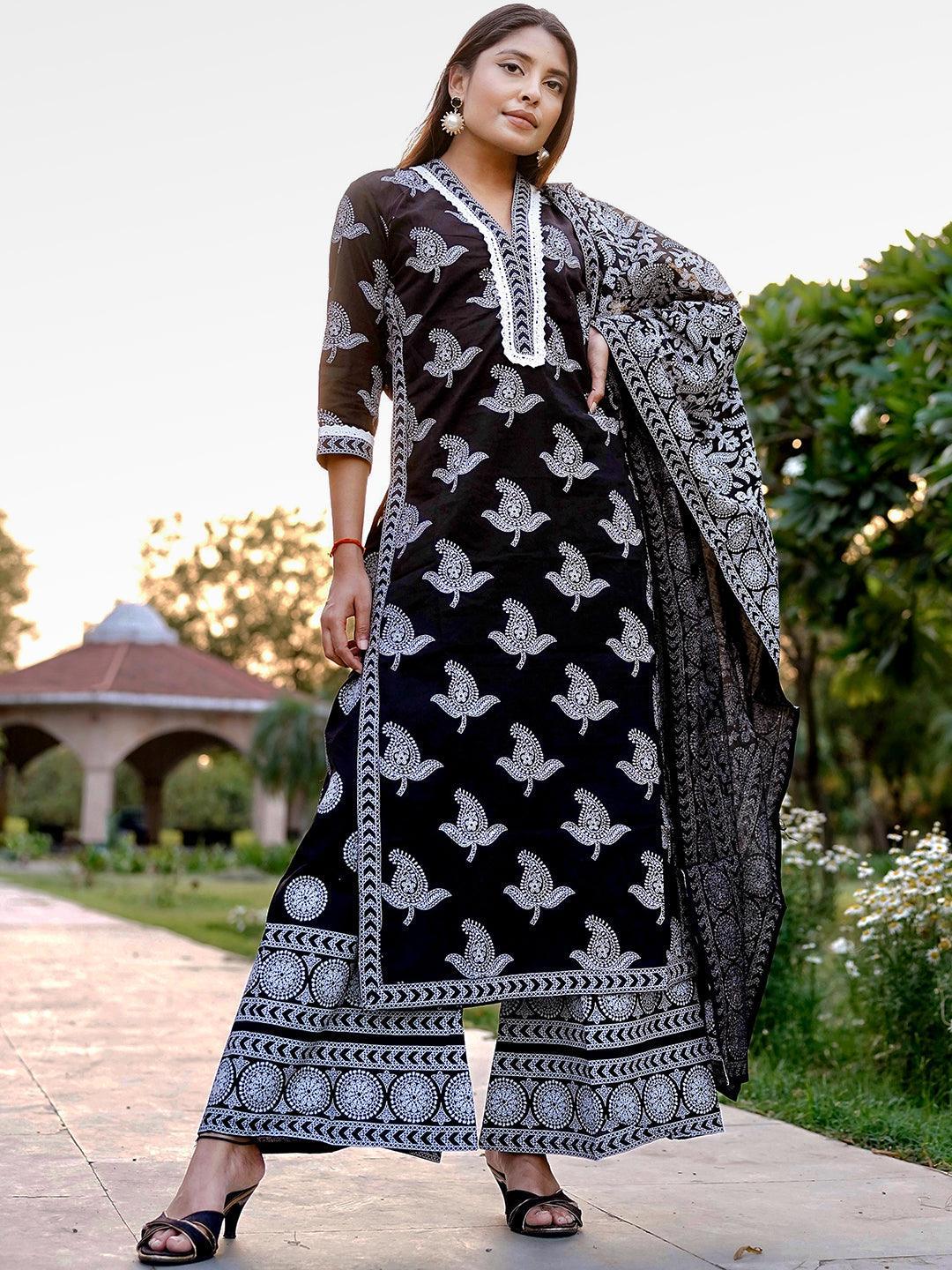 Black Printed Cotton Suit Set