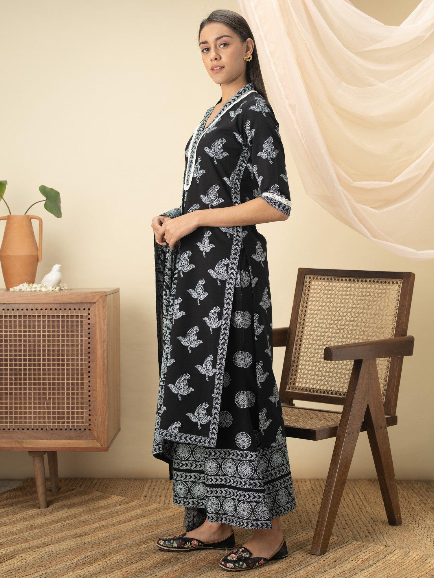 Black Printed Cotton Suit Set