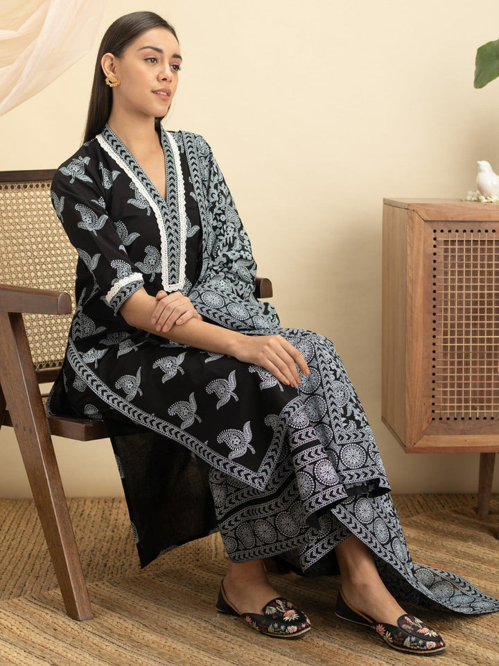 Black Printed Cotton Suit Set - ShopLibas