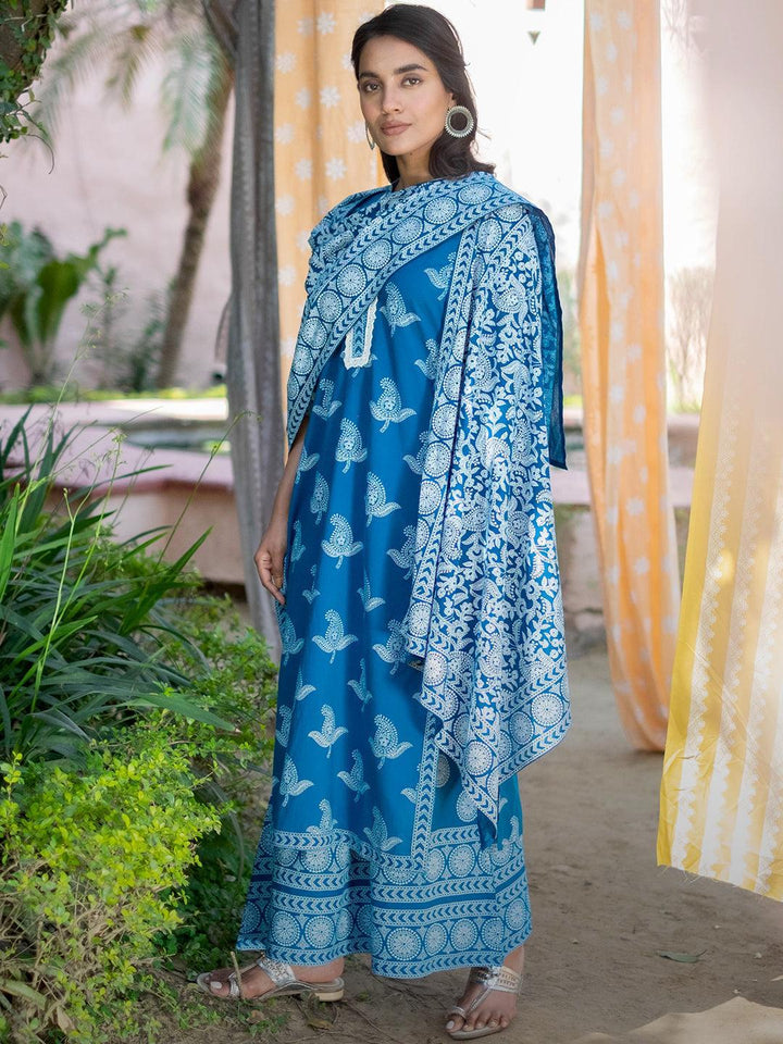 Blue Printed Cotton Suit Set - ShopLibas