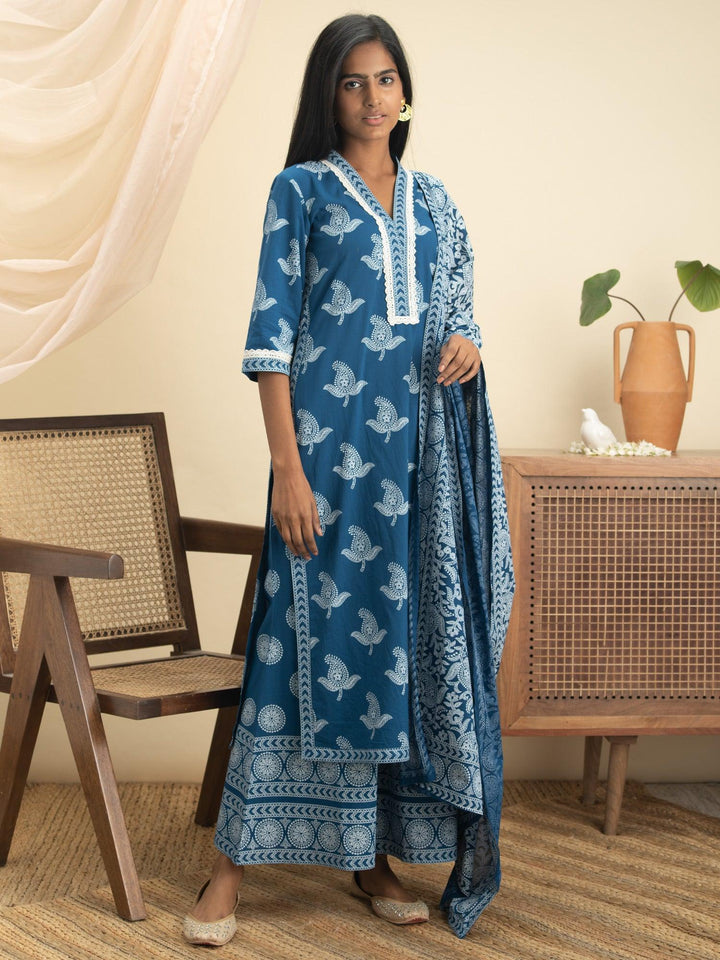 Blue Printed Cotton Suit Set - ShopLibas