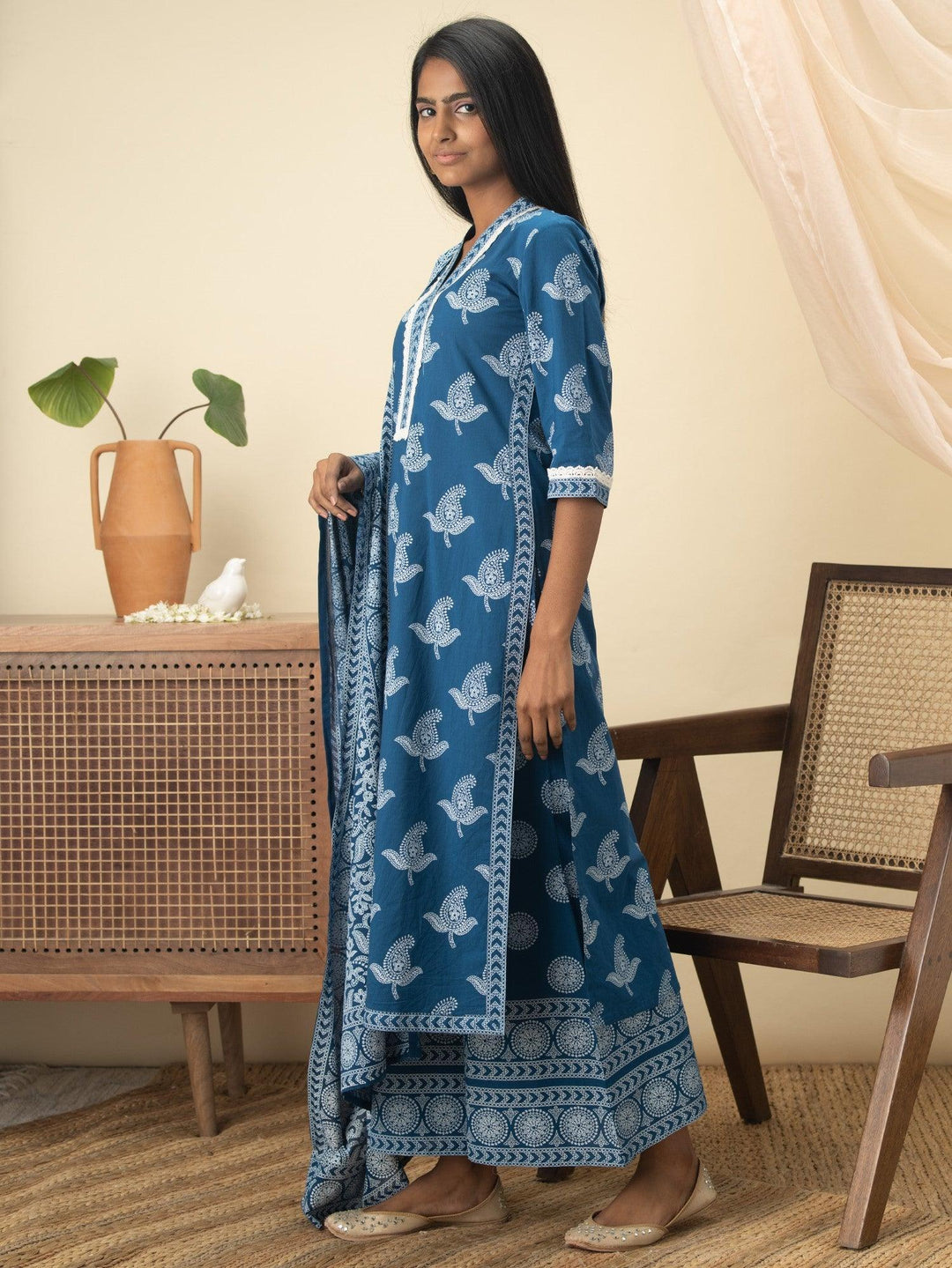 Blue Printed Cotton Suit Set - ShopLibas