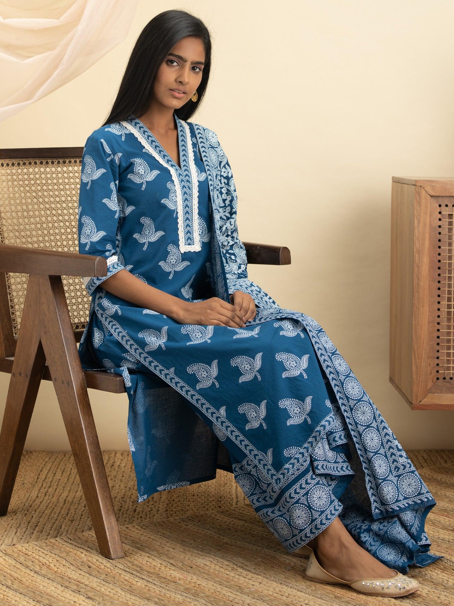 Blue Printed Cotton Suit Set