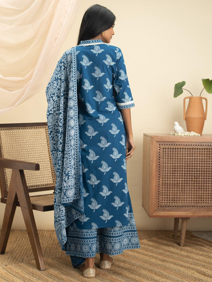 Blue Printed Cotton Suit Set - ShopLibas