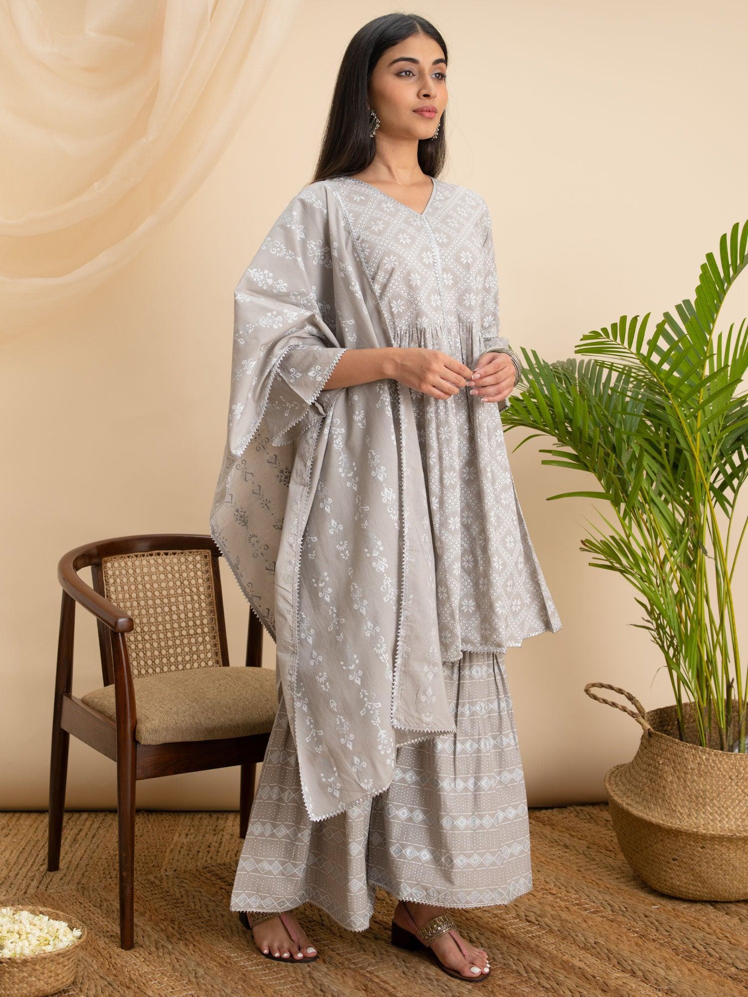 Grey Printed Cotton Suit Set