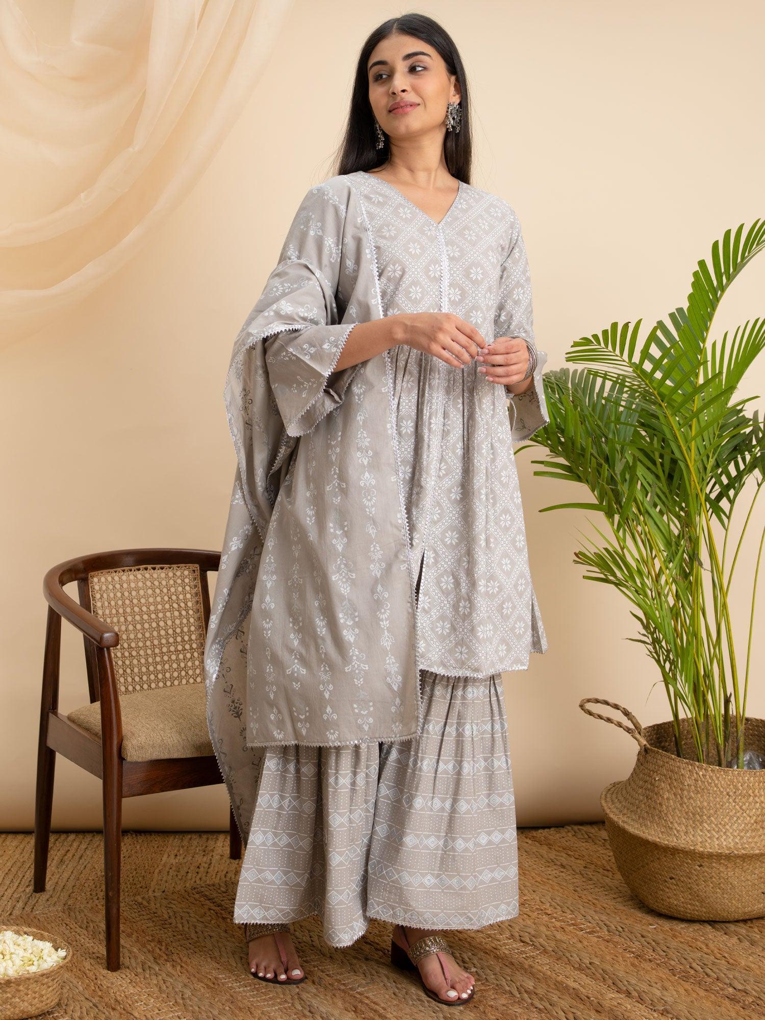 Grey Printed Cotton Suit Set