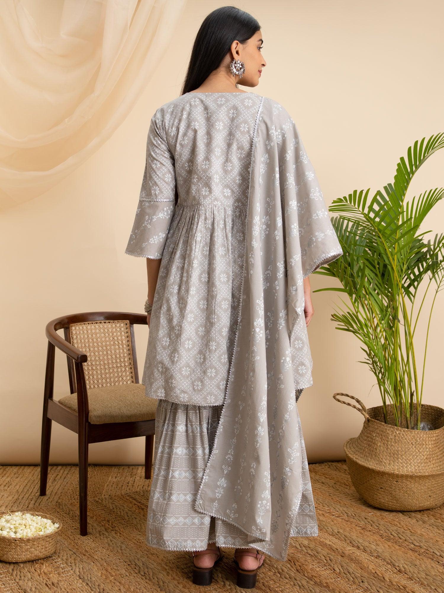 Grey Printed Cotton Suit Set