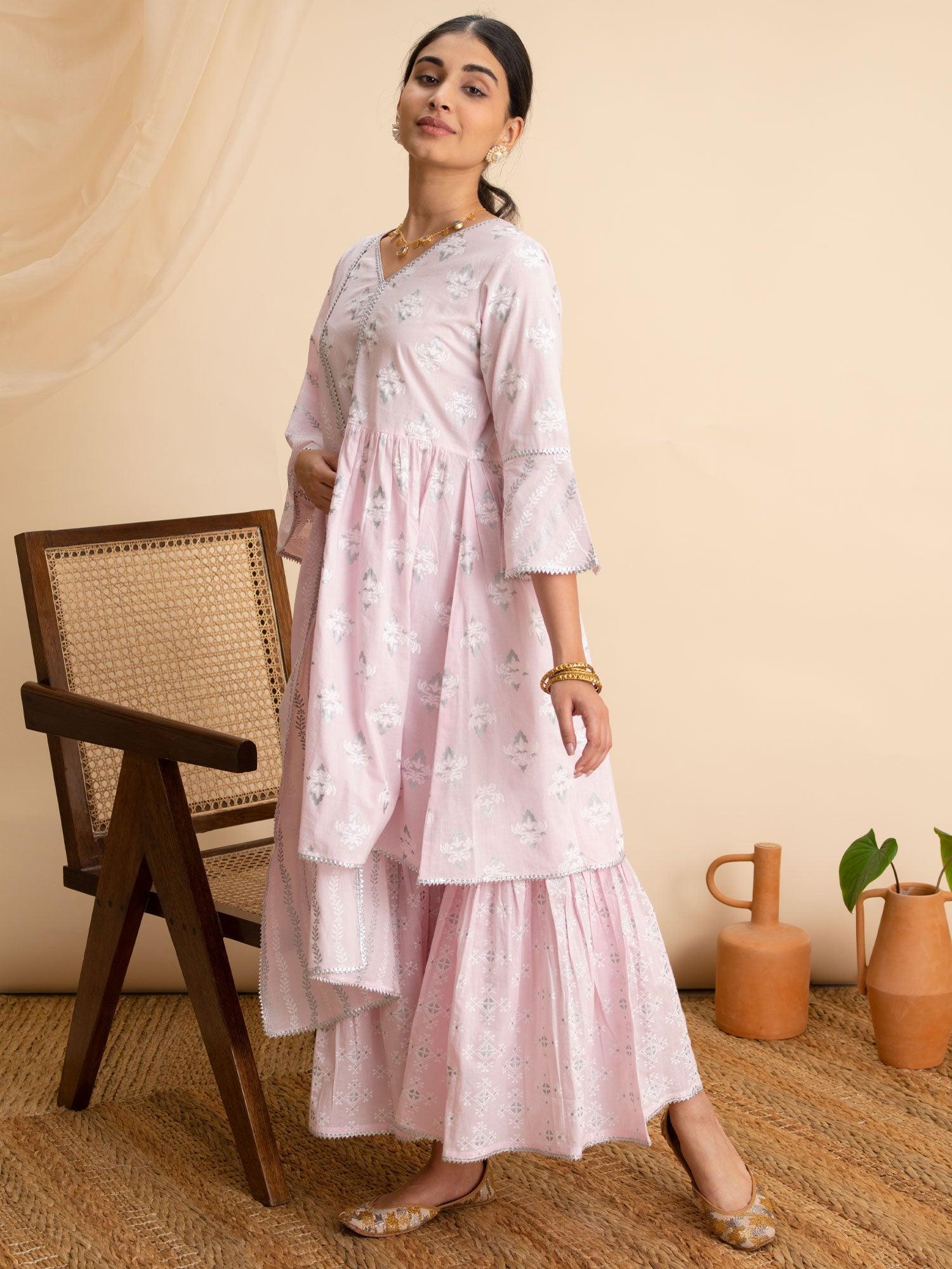 Pink Printed Cotton A-Line Suit Set