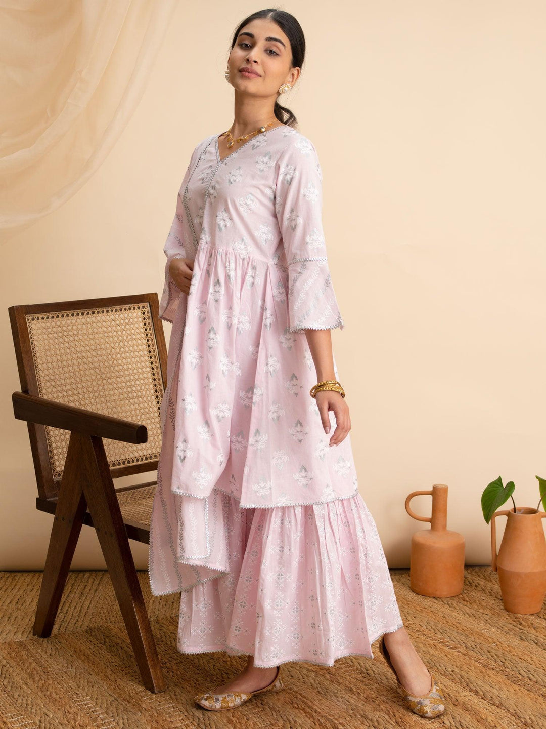 Pink Printed Cotton A-Line Suit Set - ShopLibas