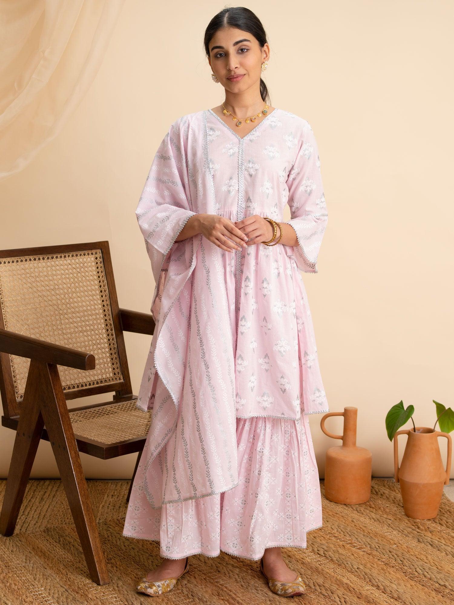 Pink Printed Cotton A-Line Suit Set