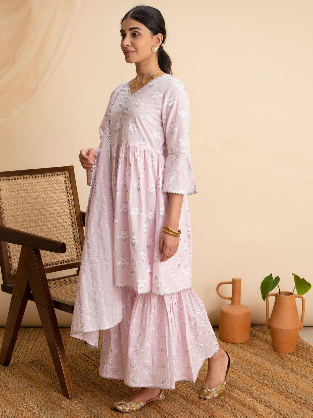 Pink Printed Cotton A-Line Suit Set - ShopLibas