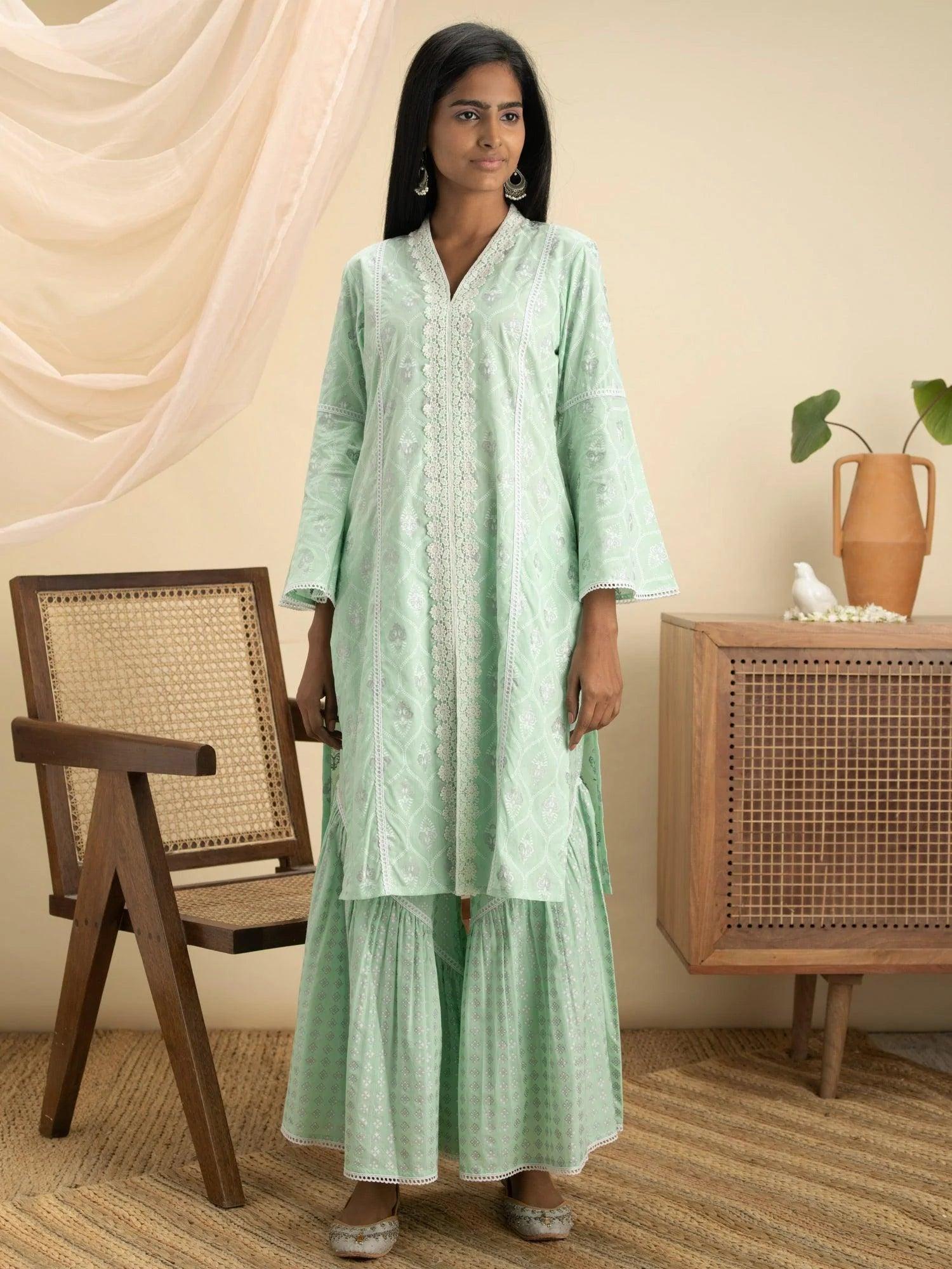 Green Printed Cotton Straight Kurta Set