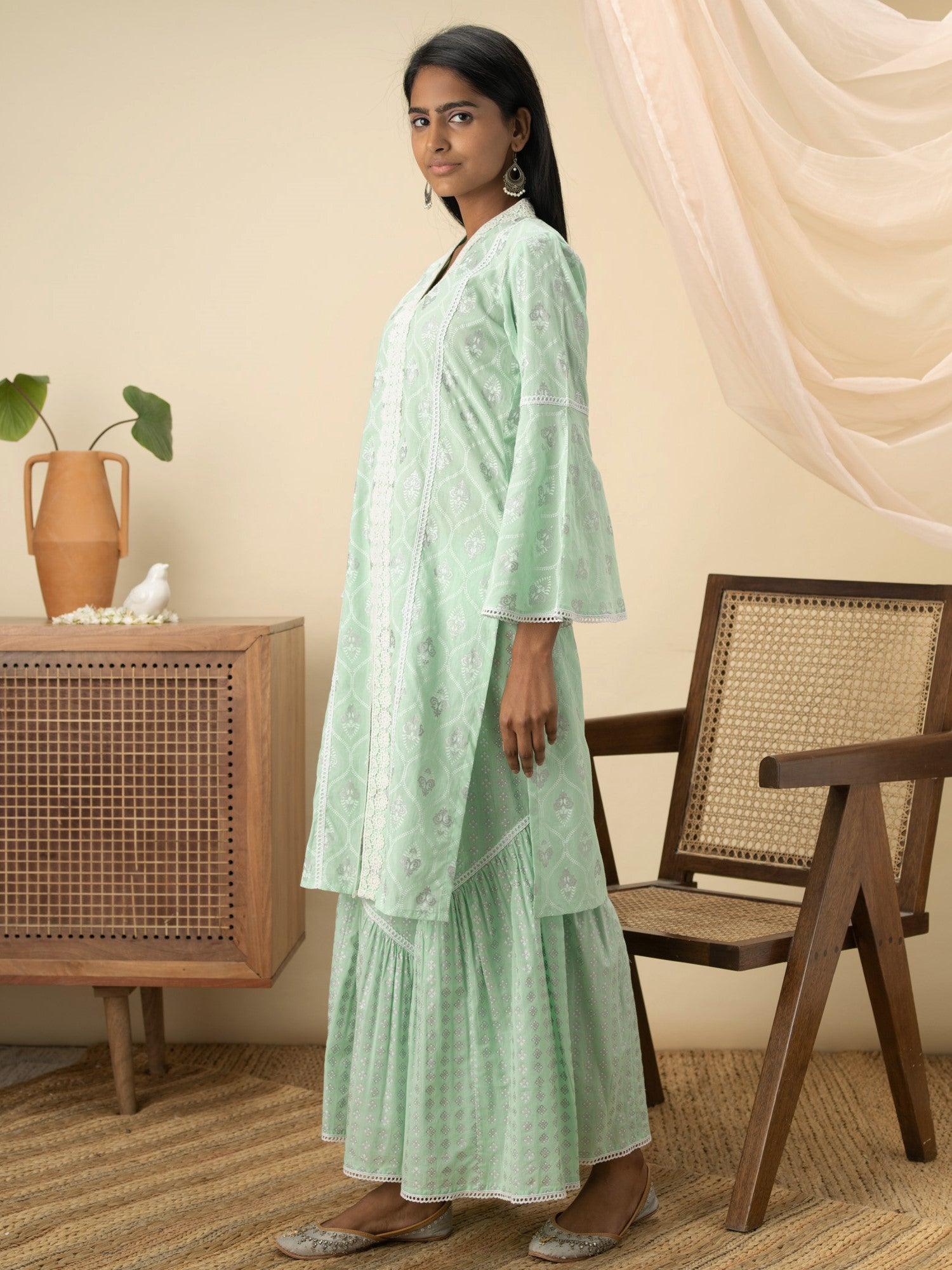 Green Printed Cotton Straight Kurta Set