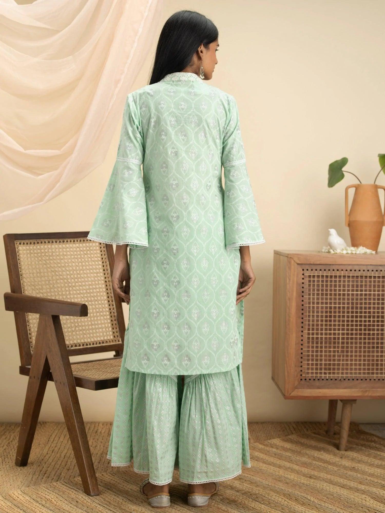 Green Printed Cotton Straight Kurta Set