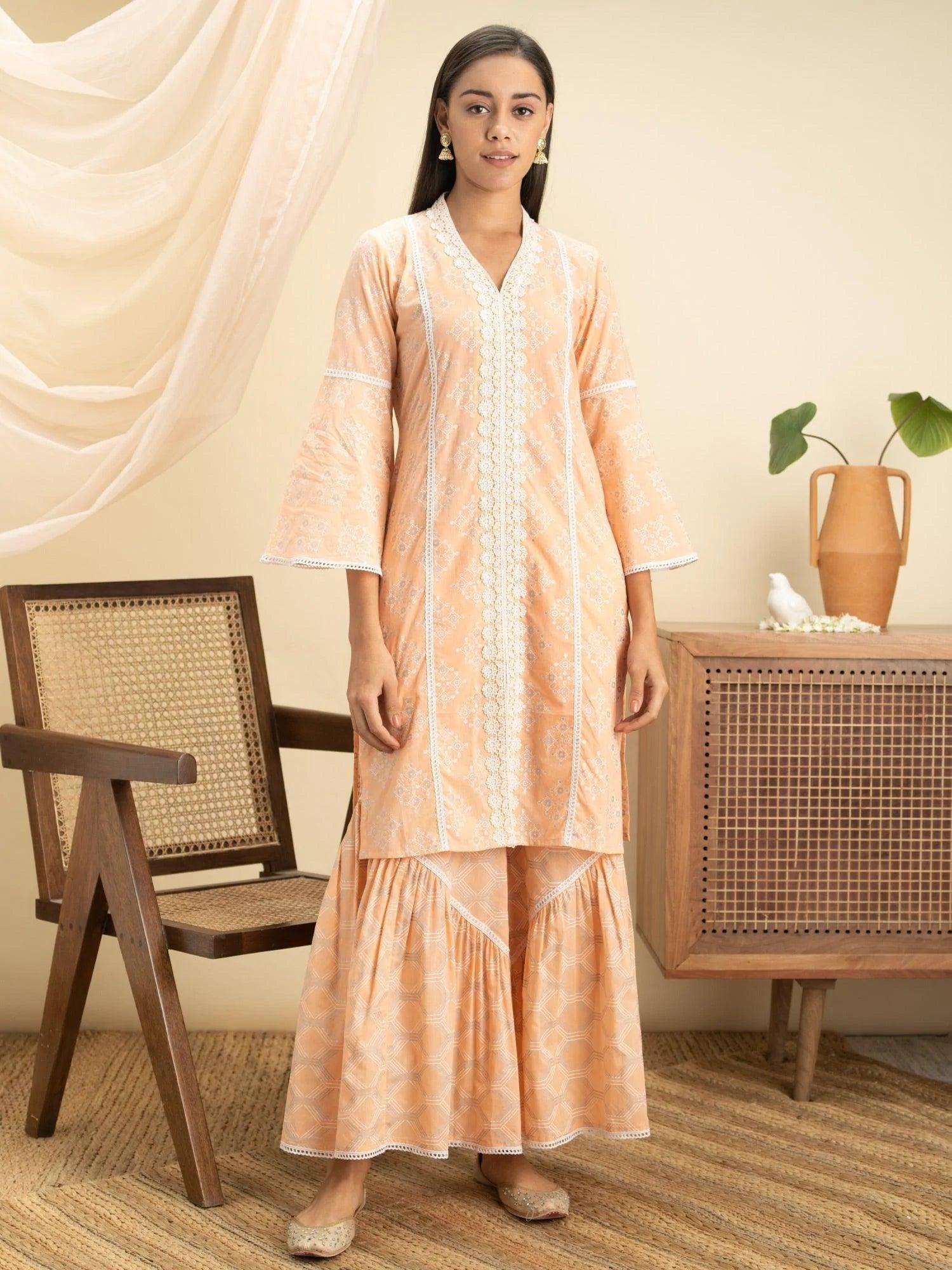 Peach Printed Cotton Straight Kurta Set