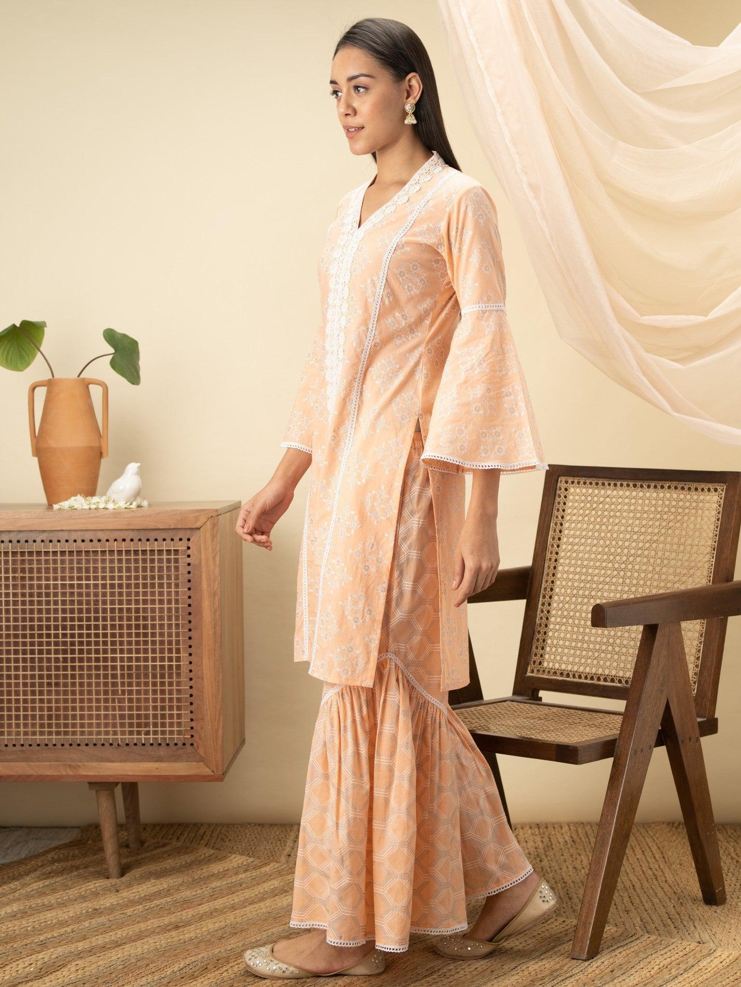 Peach Printed Cotton Straight Kurta Set