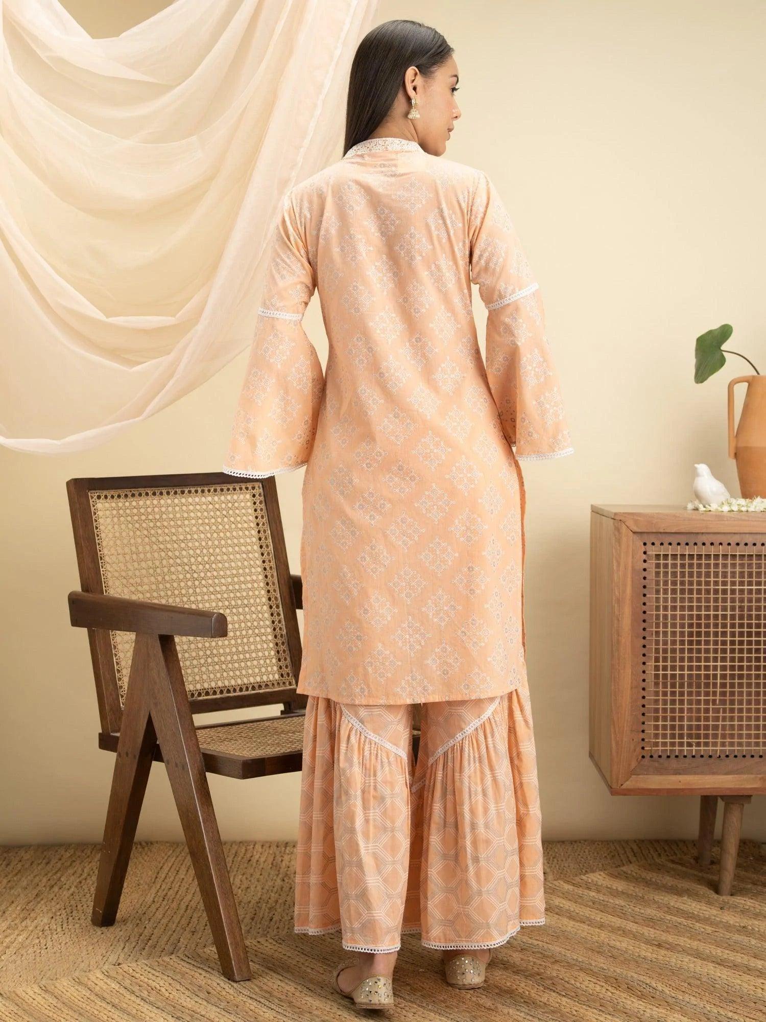 Peach Printed Cotton Straight Kurta Set