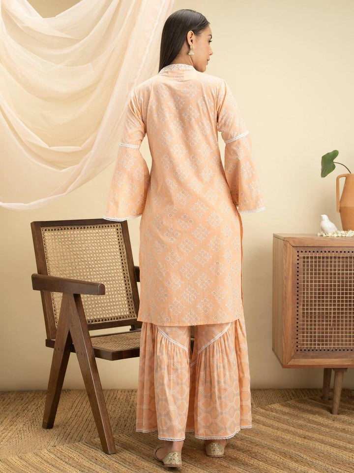 Peach Printed Cotton Straight Kurta Set - ShopLibas