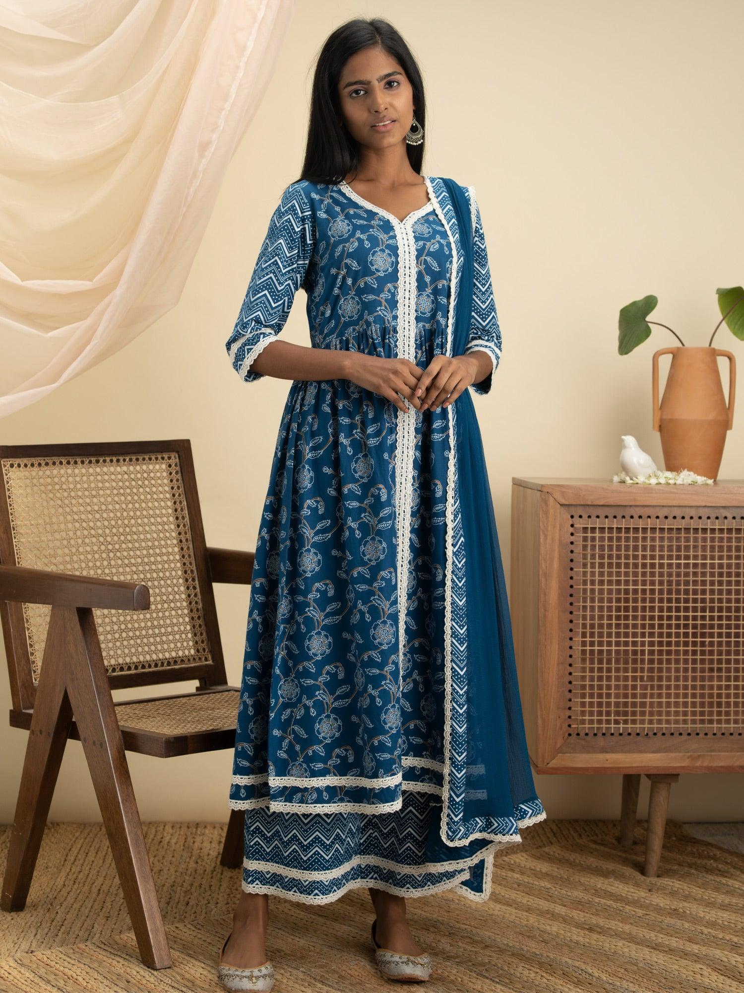 Blue Printed Cotton Suit Set