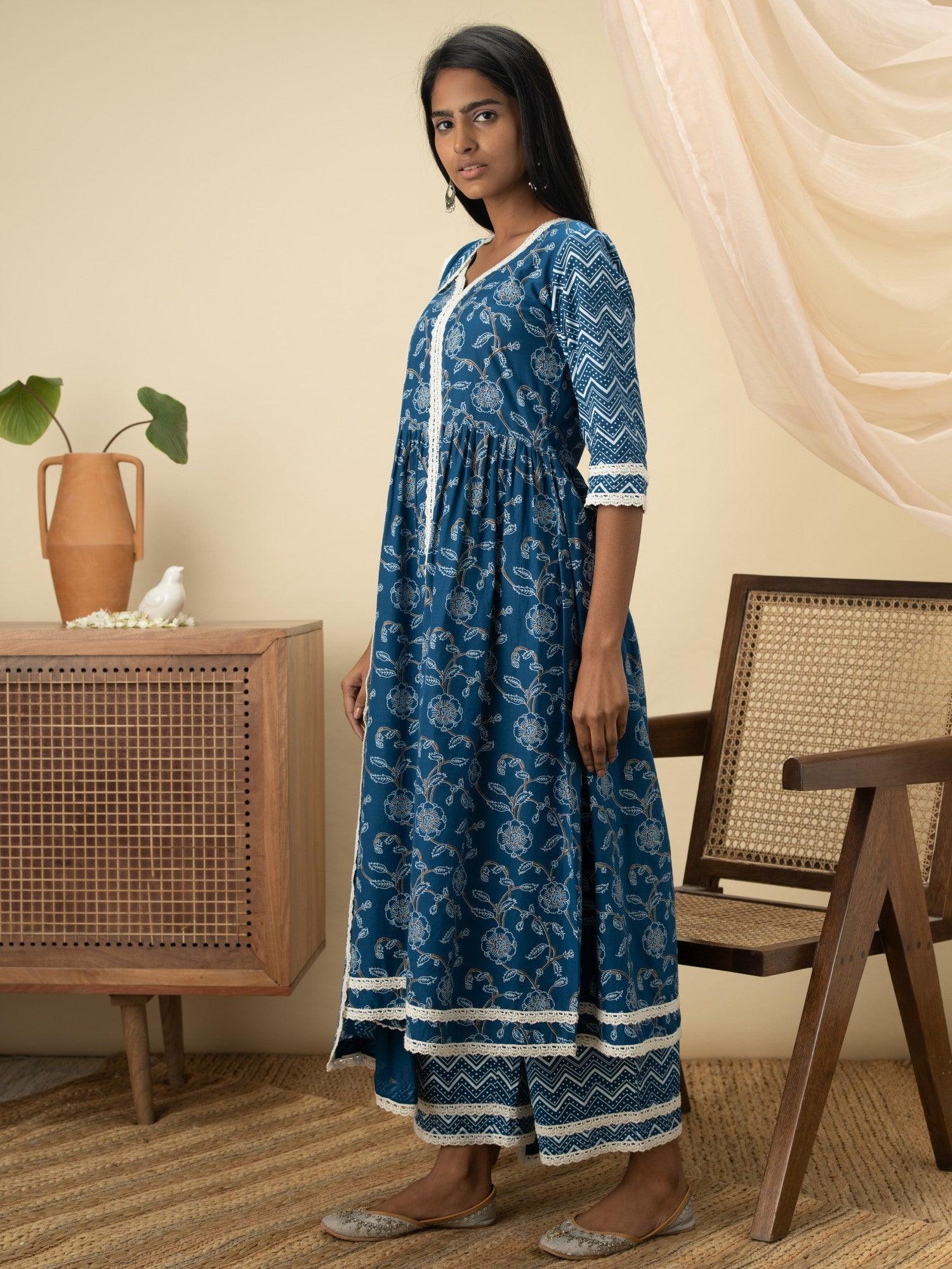 Blue Printed Cotton Suit Set