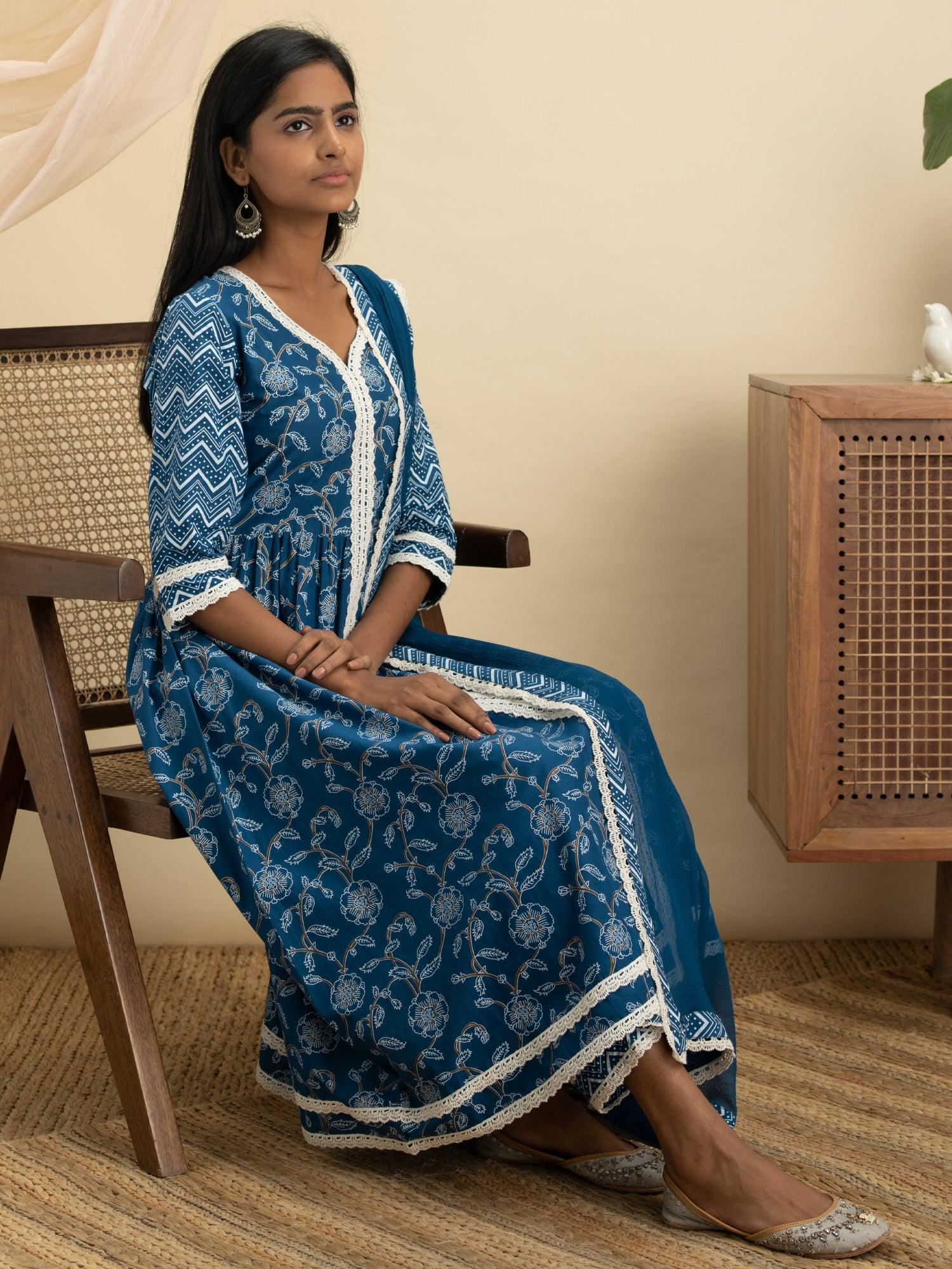 Blue Printed Cotton Suit Set