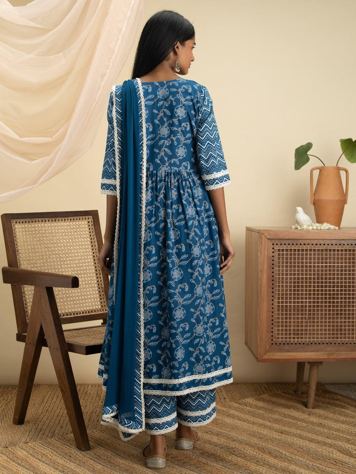 Blue Printed Cotton Suit Set - ShopLibas