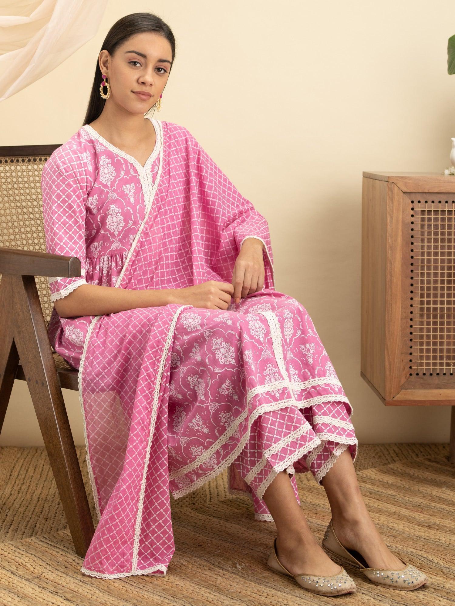 Pink Printed Cotton Suit Set