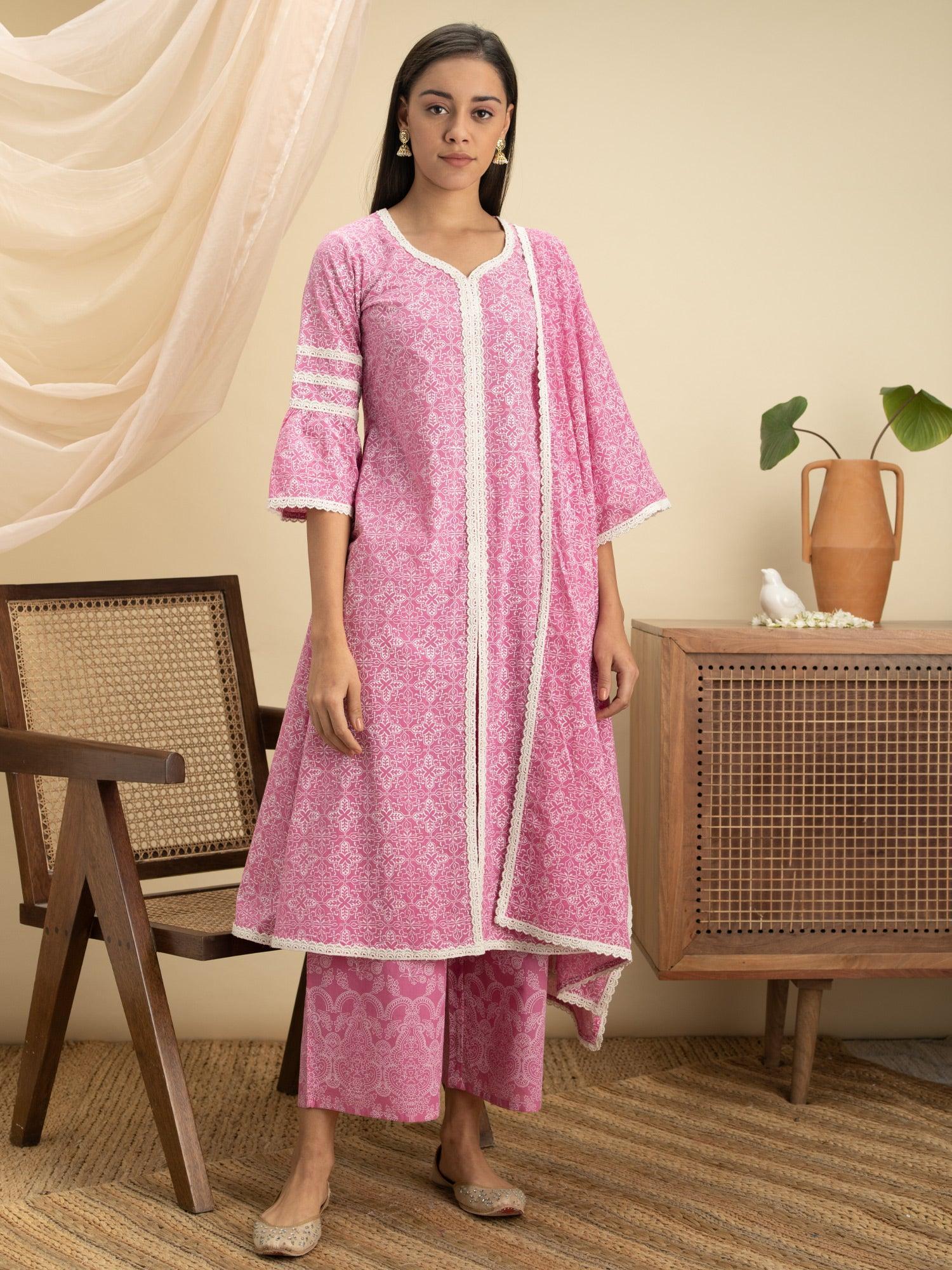 Pink Printed Cotton A-Line Suit Set