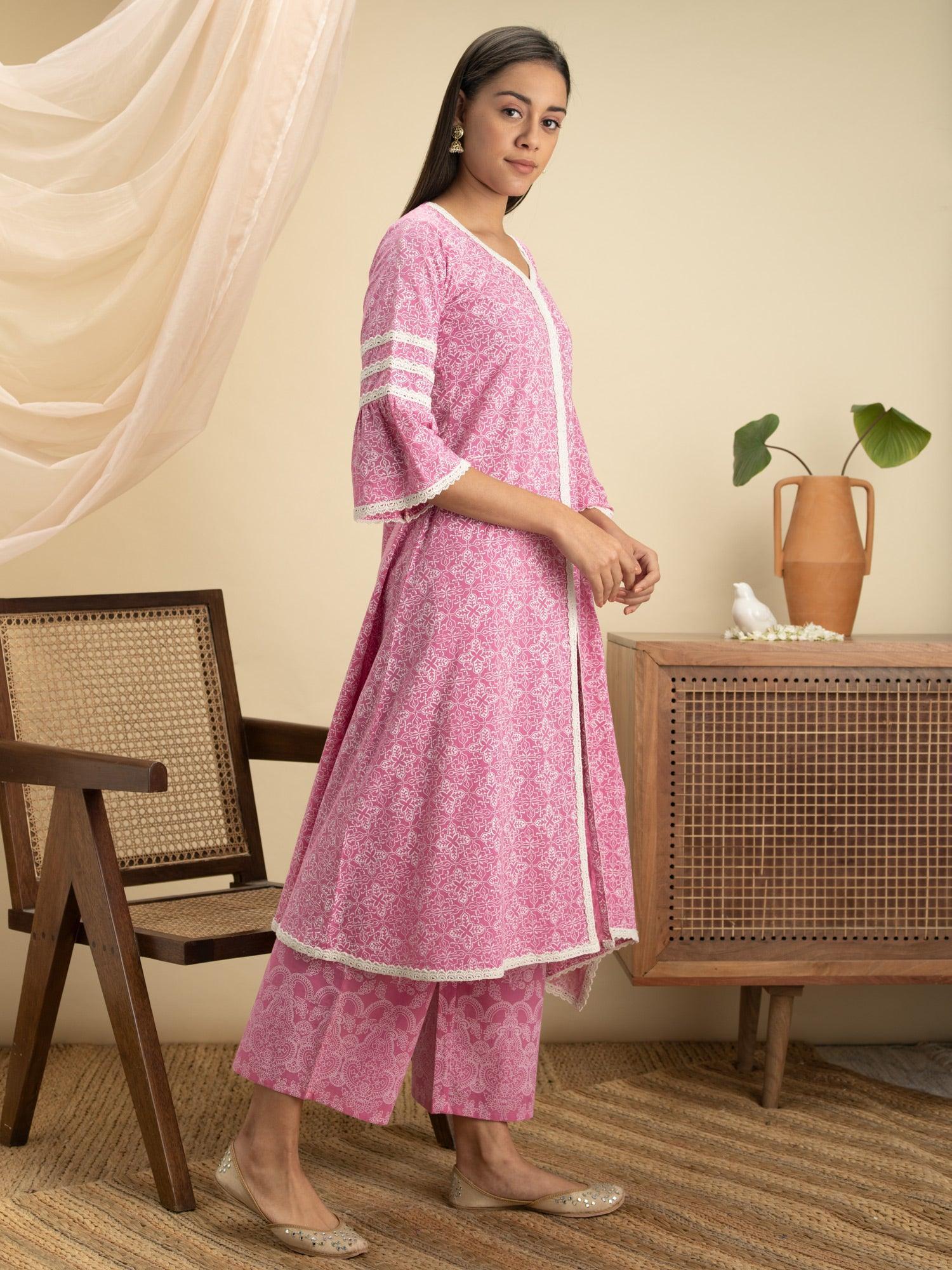 Pink Printed Cotton A-Line Suit Set