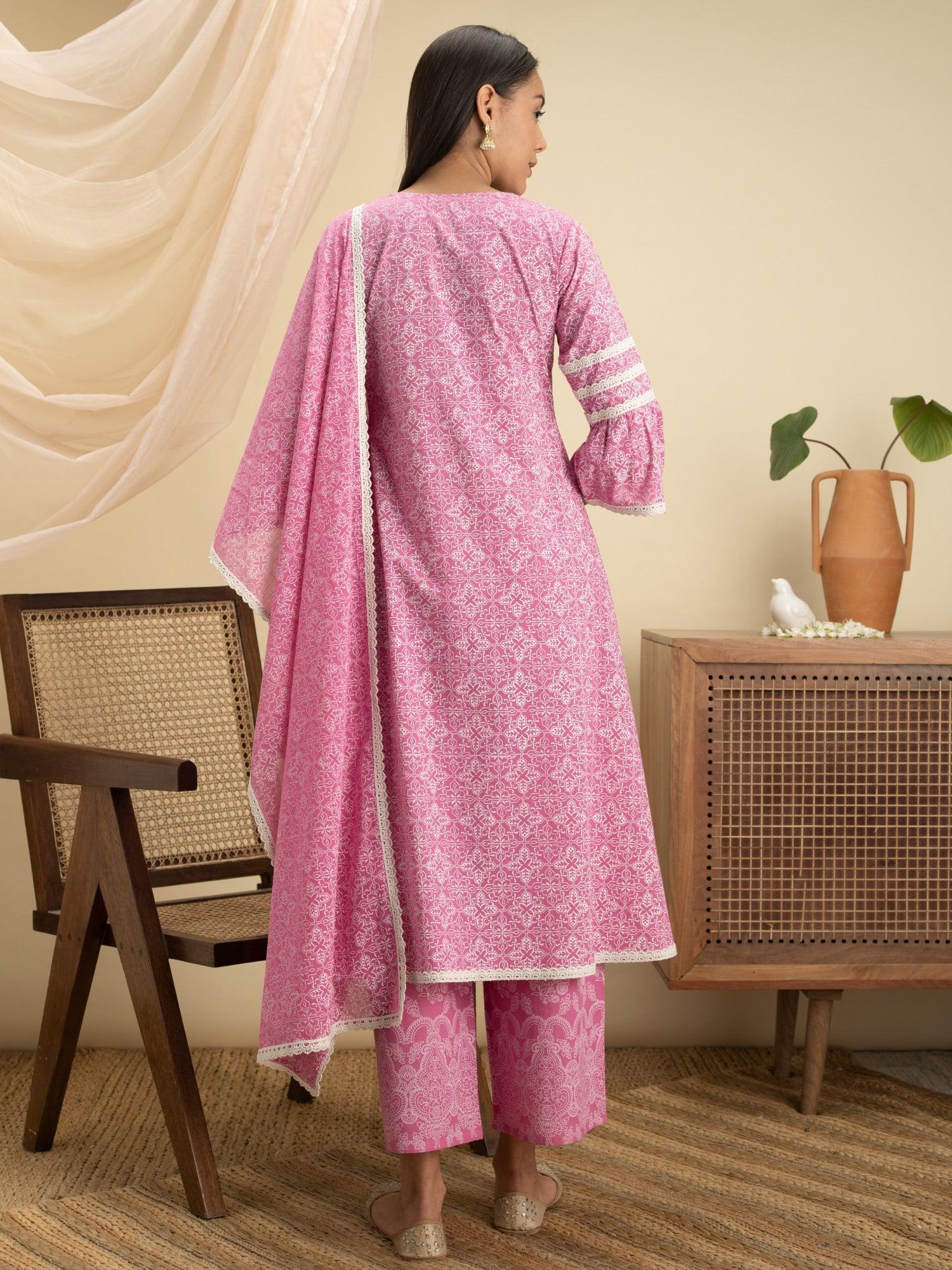 Pink Printed Cotton A-Line Suit Set