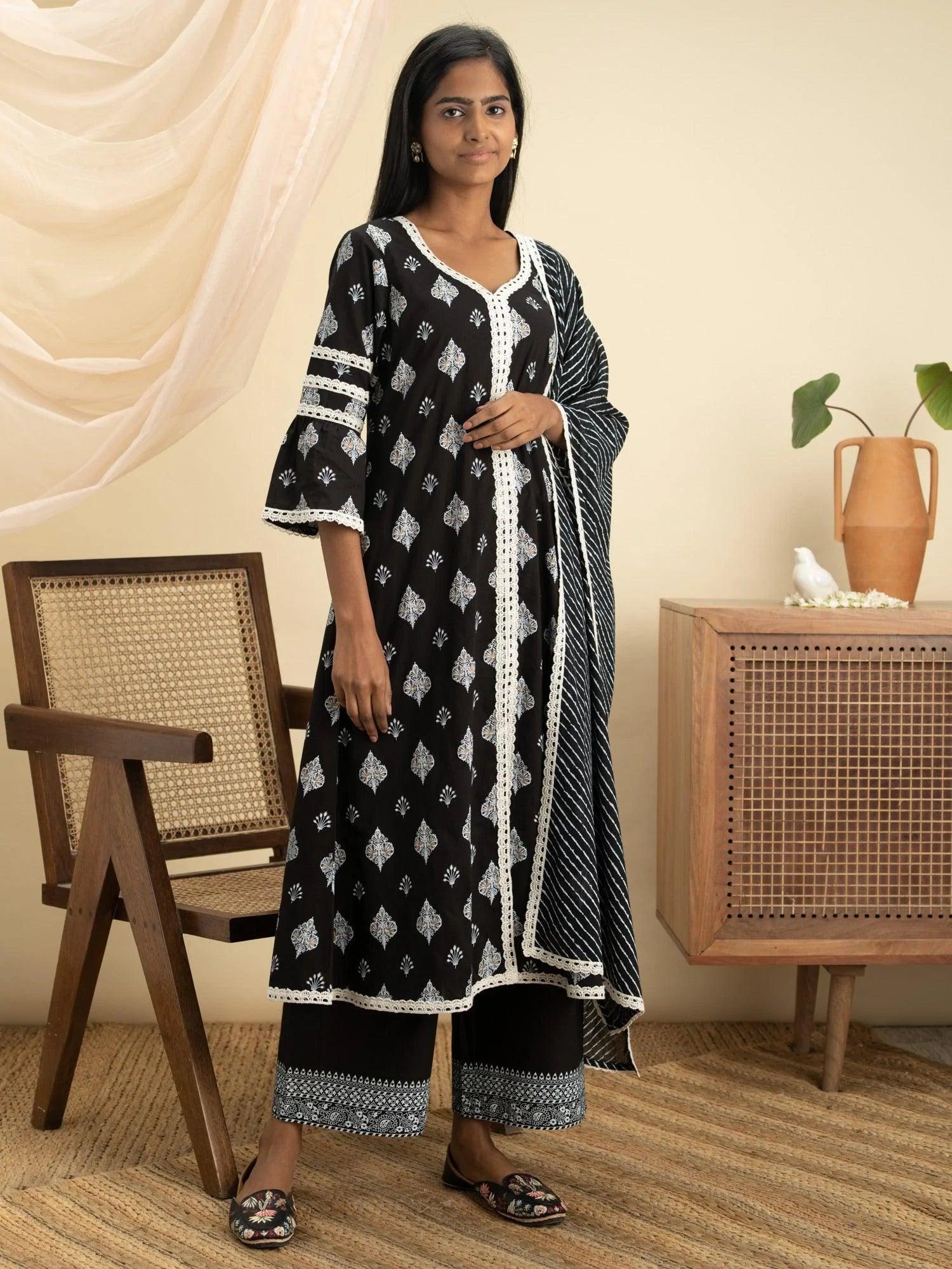 Black Printed Cotton Suit Set