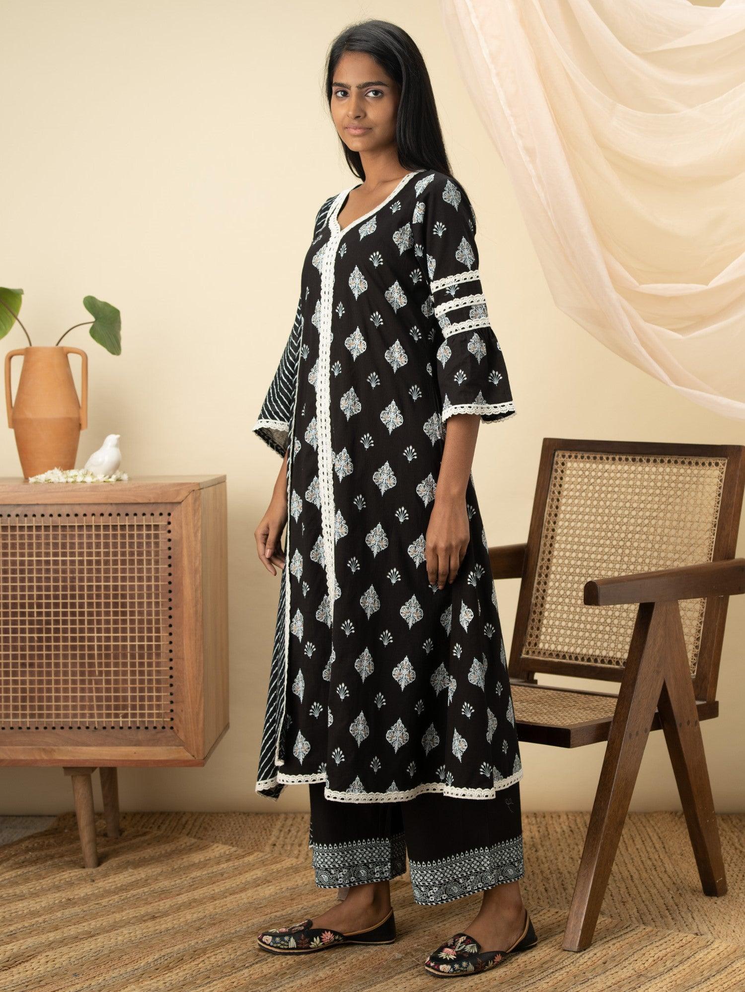 Black Printed Cotton Suit Set