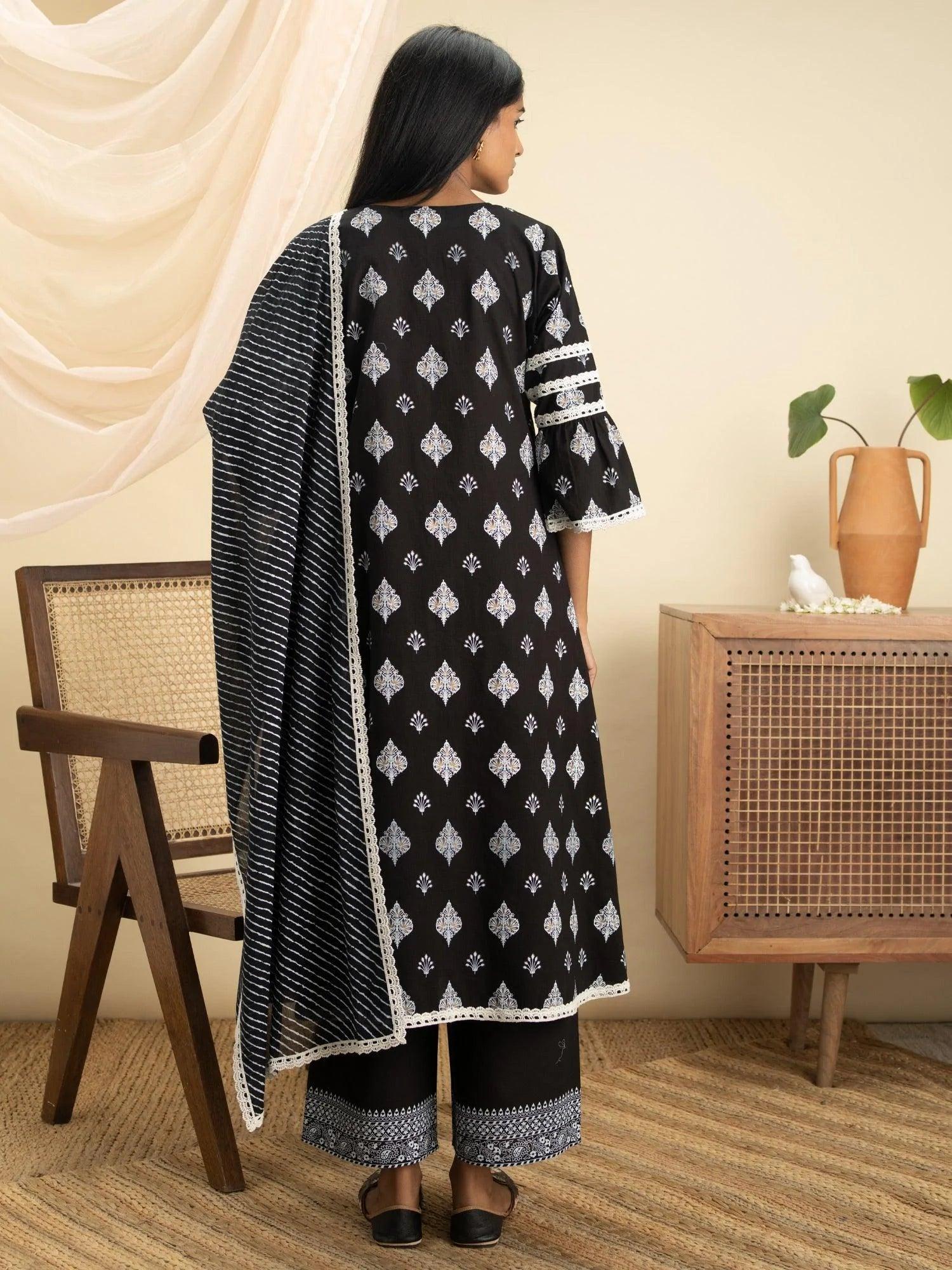 Black Printed Cotton Suit Set