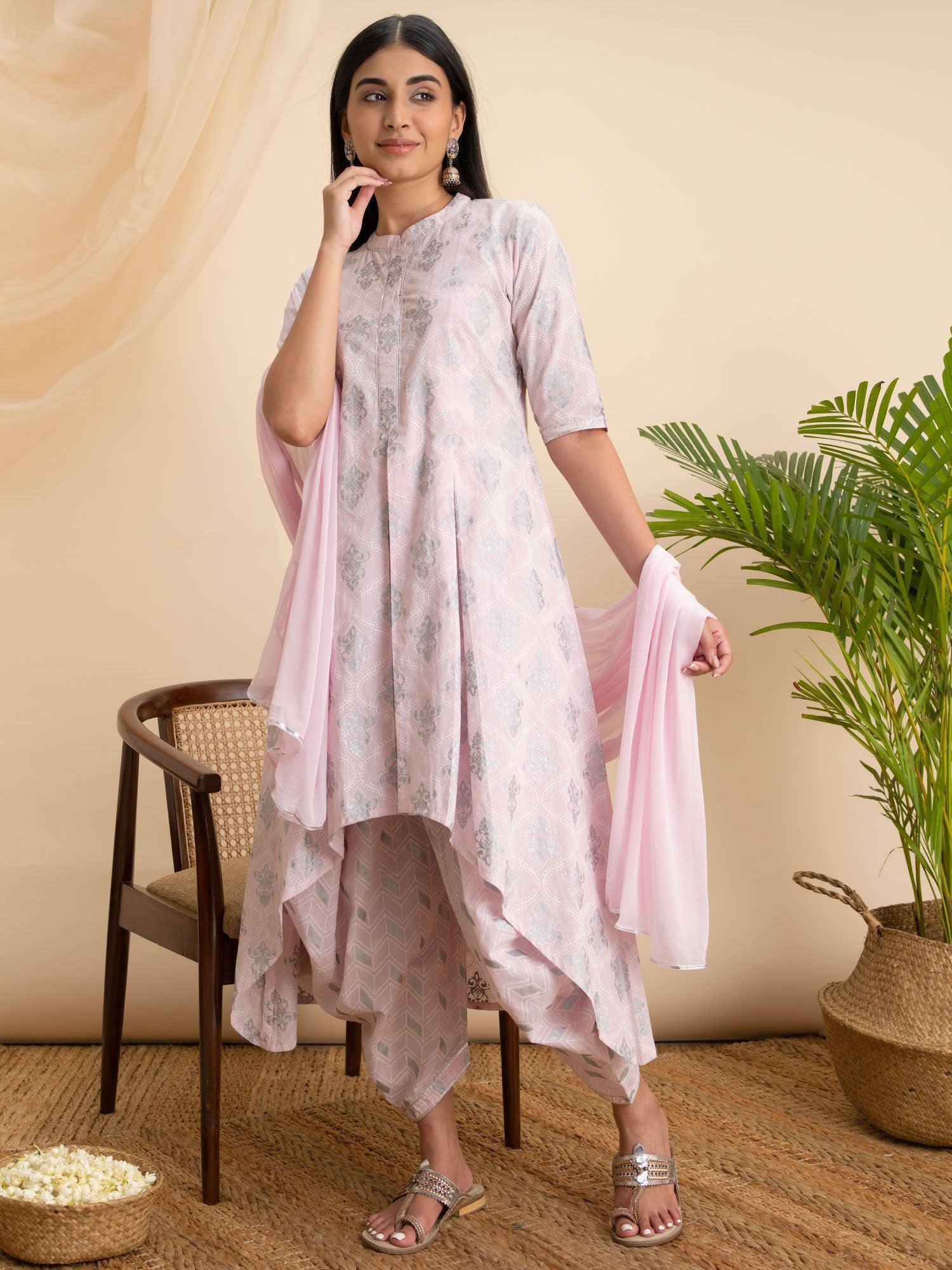 Pink Printed Cotton A-Line Suit Set