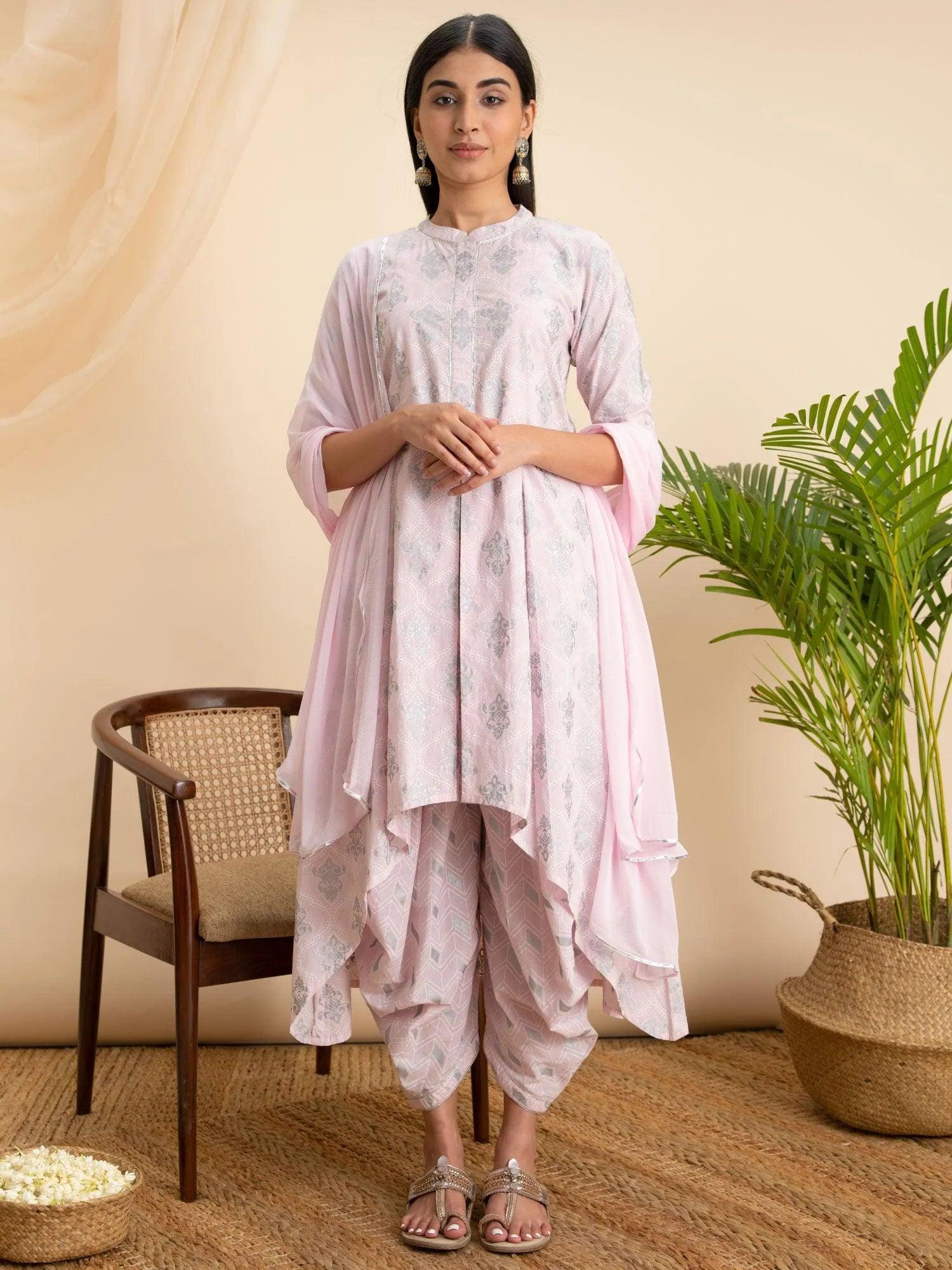 Pink Printed Cotton A-Line Suit Set