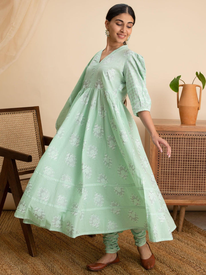 Green Printed Cotton Suit Set - ShopLibas