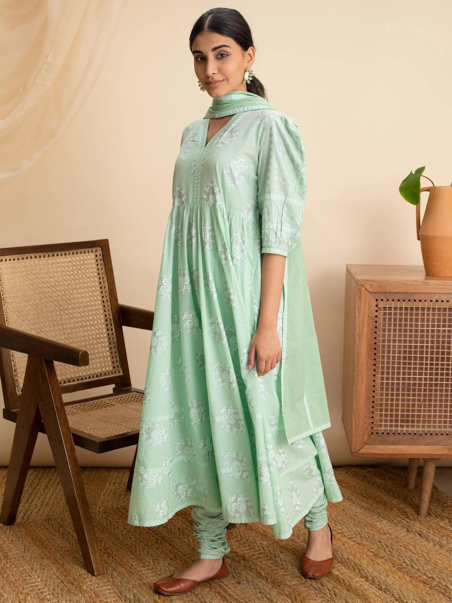 Green Printed Cotton Suit Set