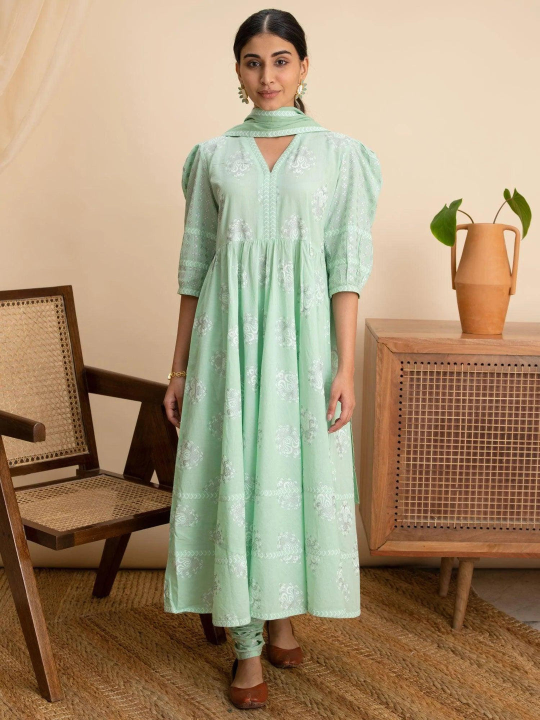 Green Printed Cotton Suit Set - ShopLibas