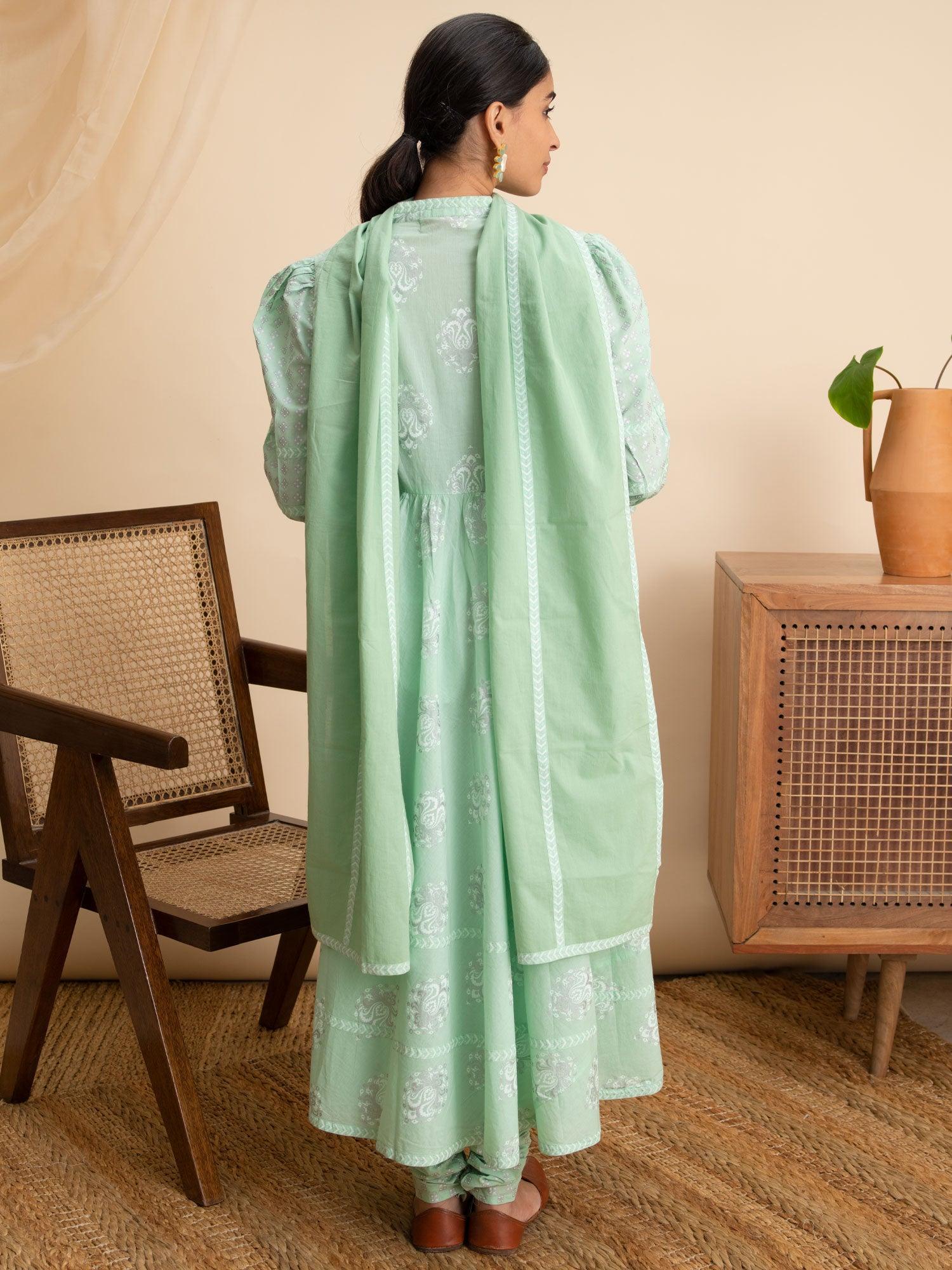 Green Printed Cotton Suit Set