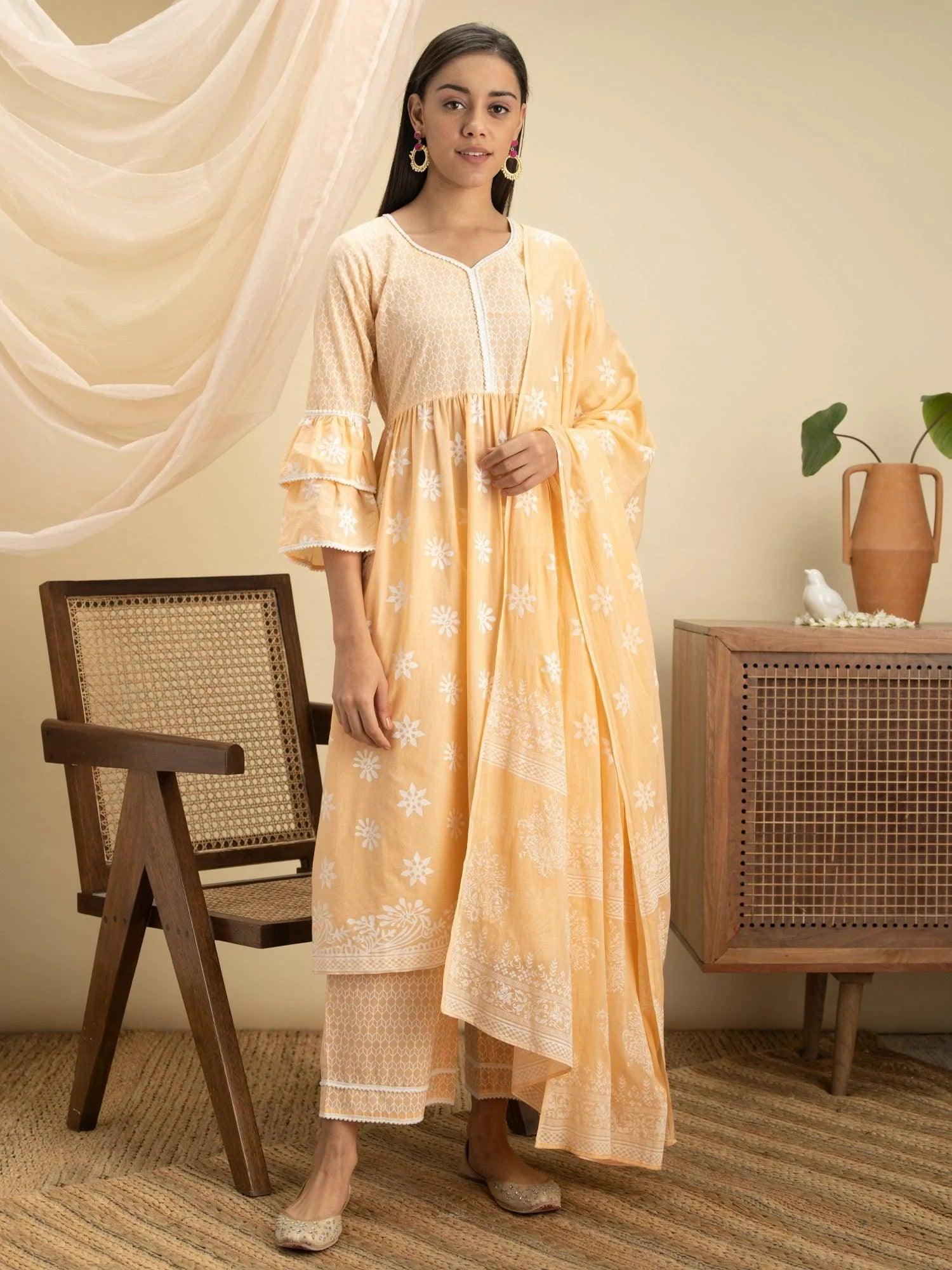 Peach Printed Cotton Suit Set