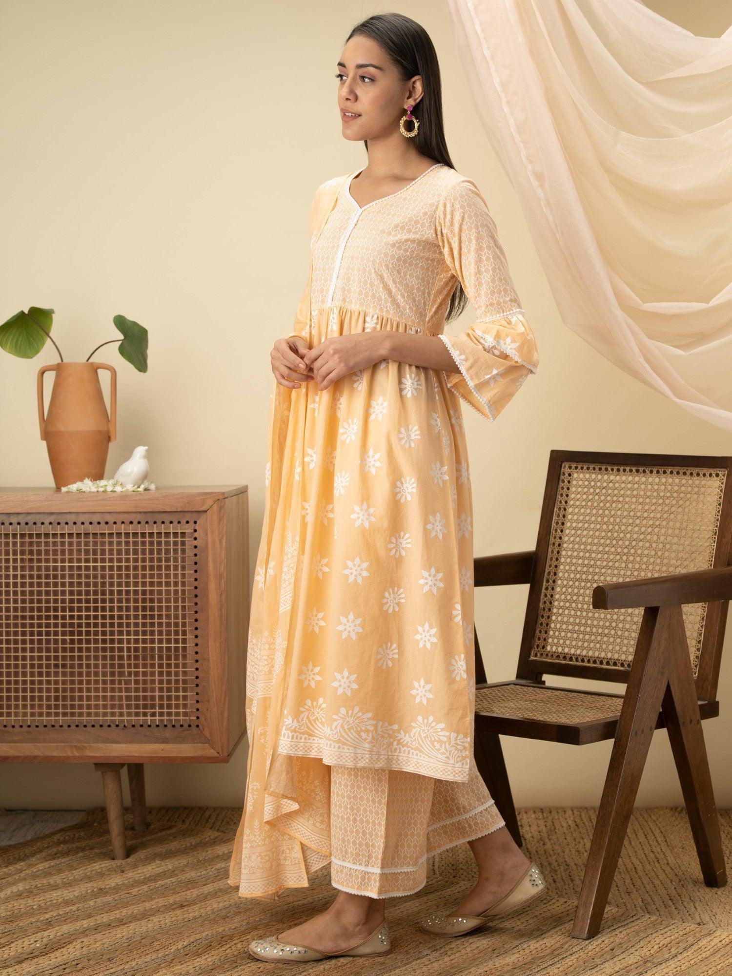 Peach Printed Cotton Suit Set