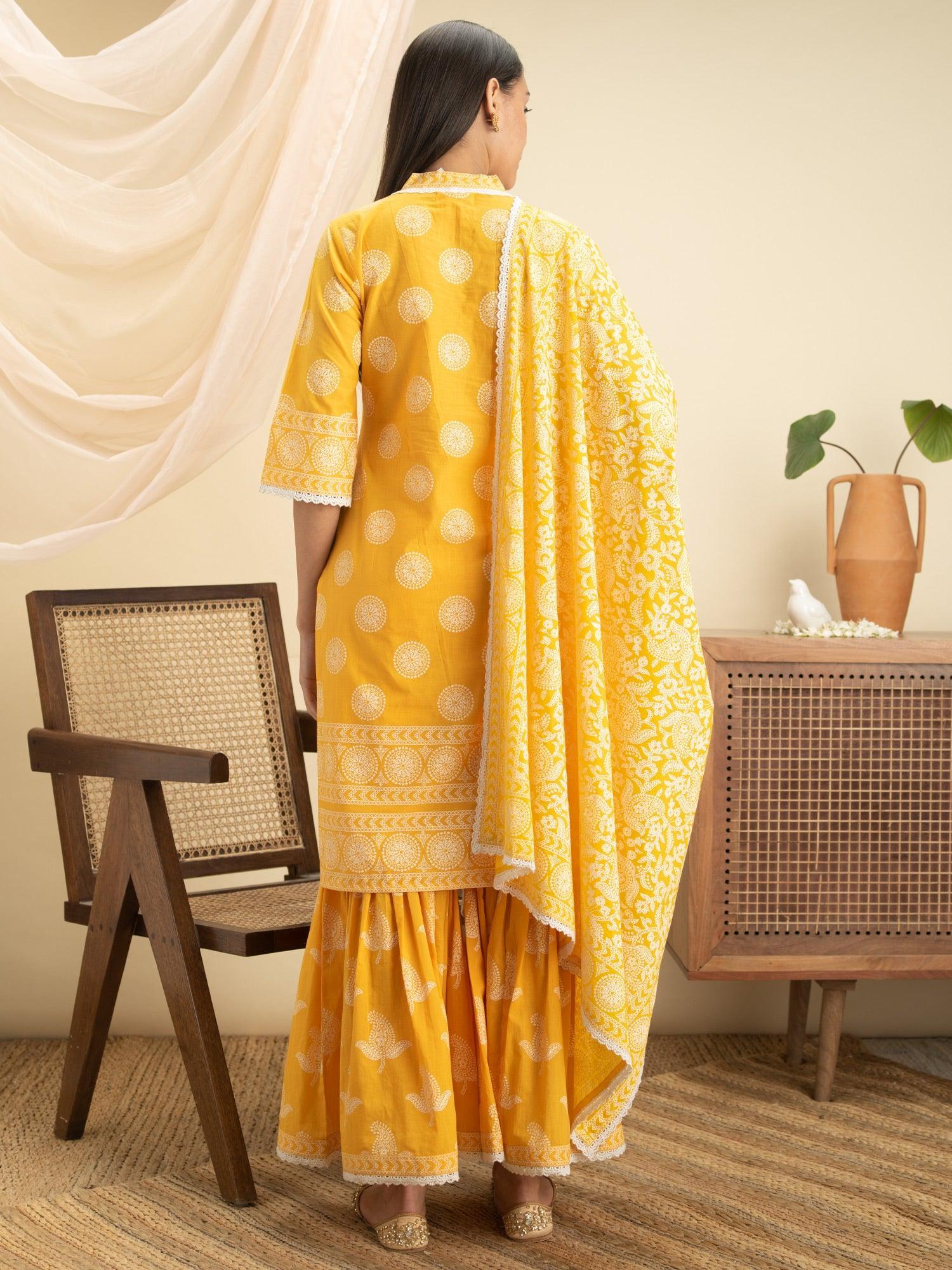 Yellow Printed Cotton Suit Set