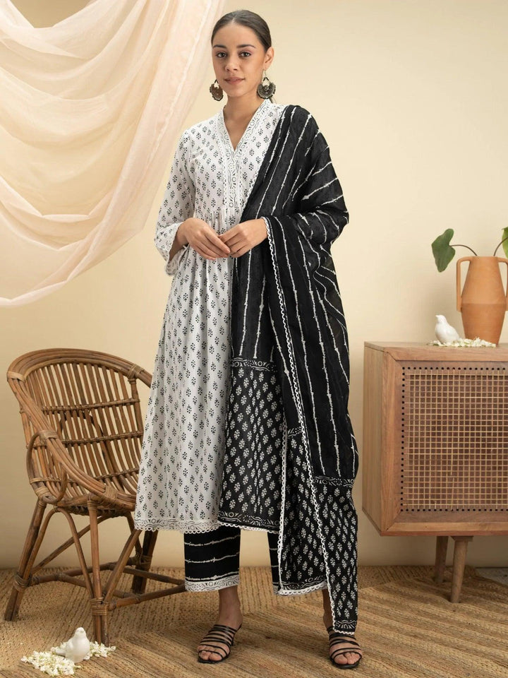 White Printed Cotton Suit Set - ShopLibas