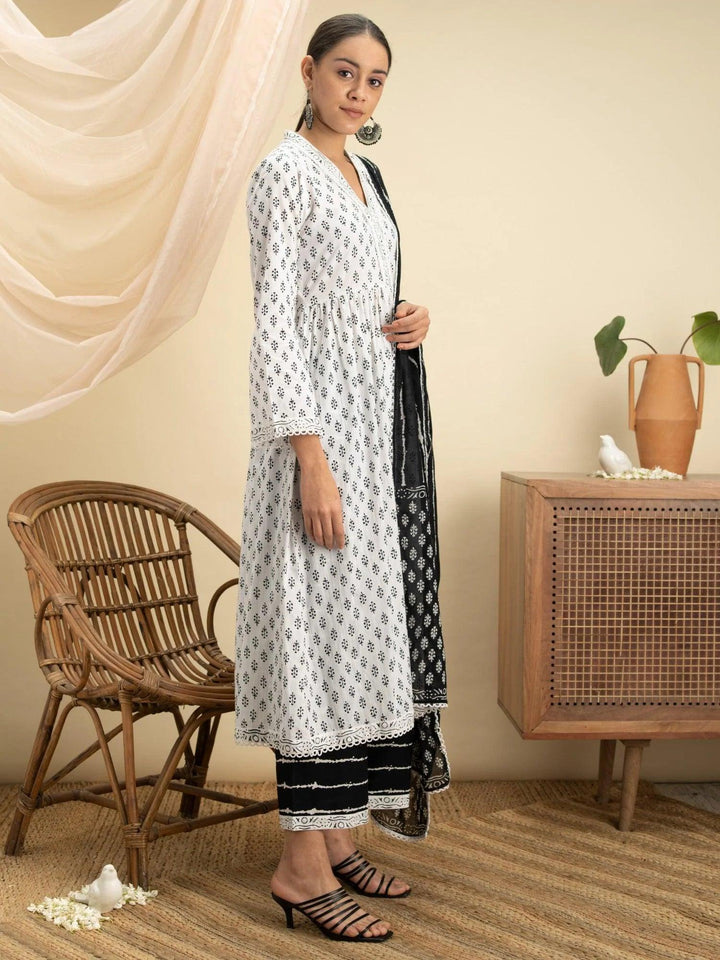 White Printed Cotton Suit Set - ShopLibas