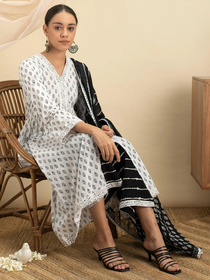 White Printed Cotton Suit Set - ShopLibas