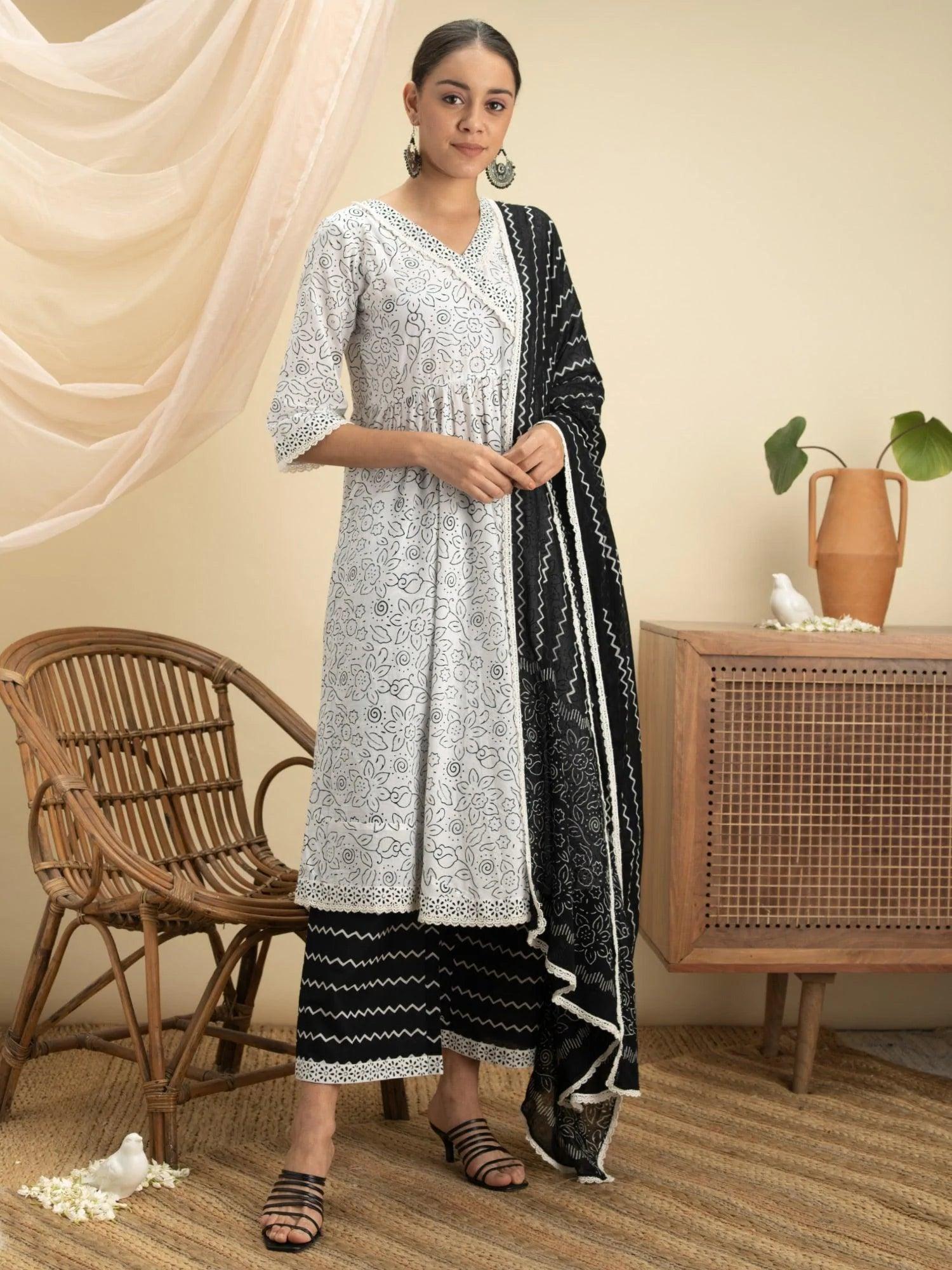 White Printed Cotton Suit Set